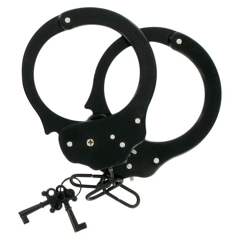Schwarze Handschellen mit zwei Schlüsseln. Metall. Geschlossen. Mit Schrauben verbunden.