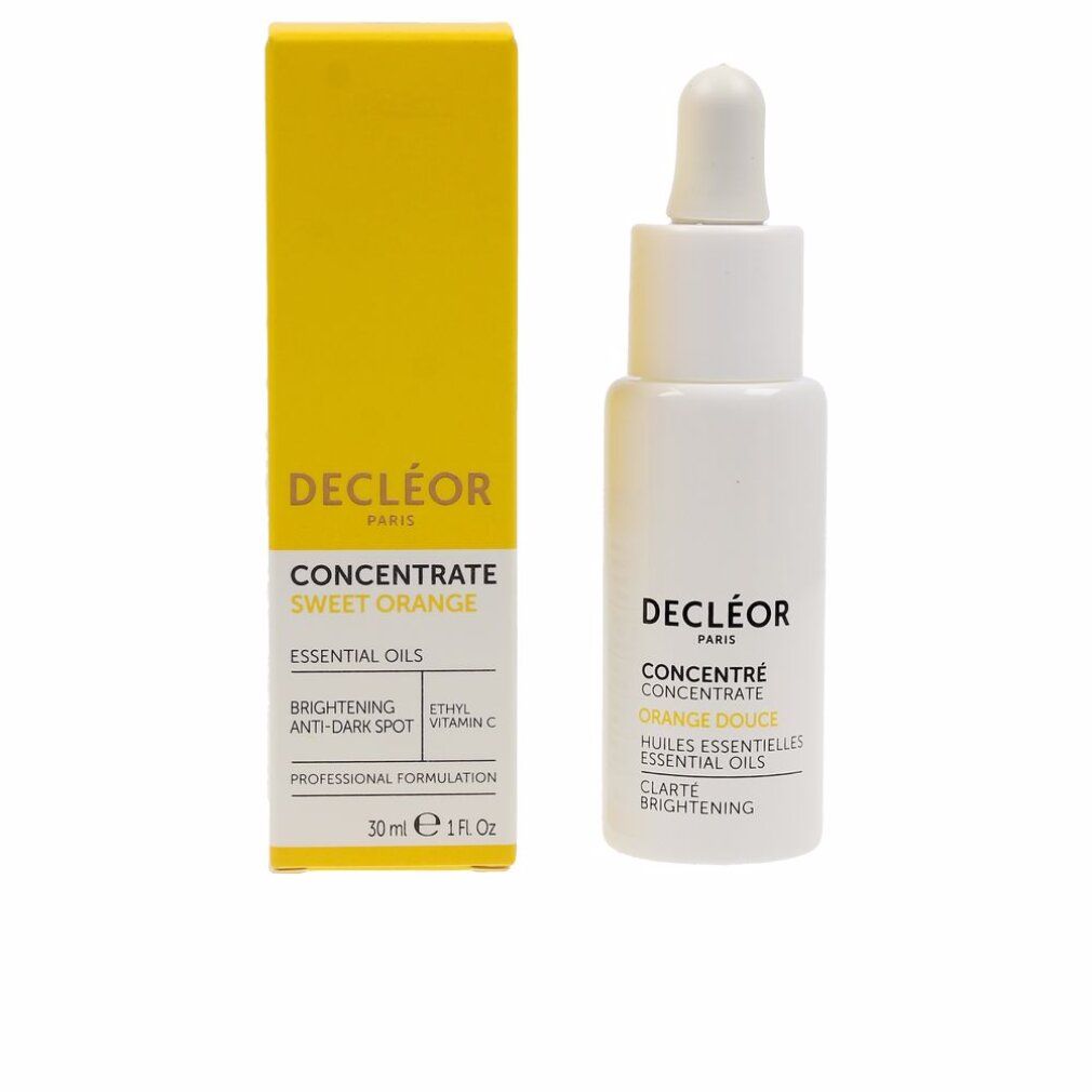 Weiße Flasche und gelbe Schachtel. Aufschrift: Decleor, Concentré Sweet Orange, Essential Oils, 30ml, 1 fl oz.