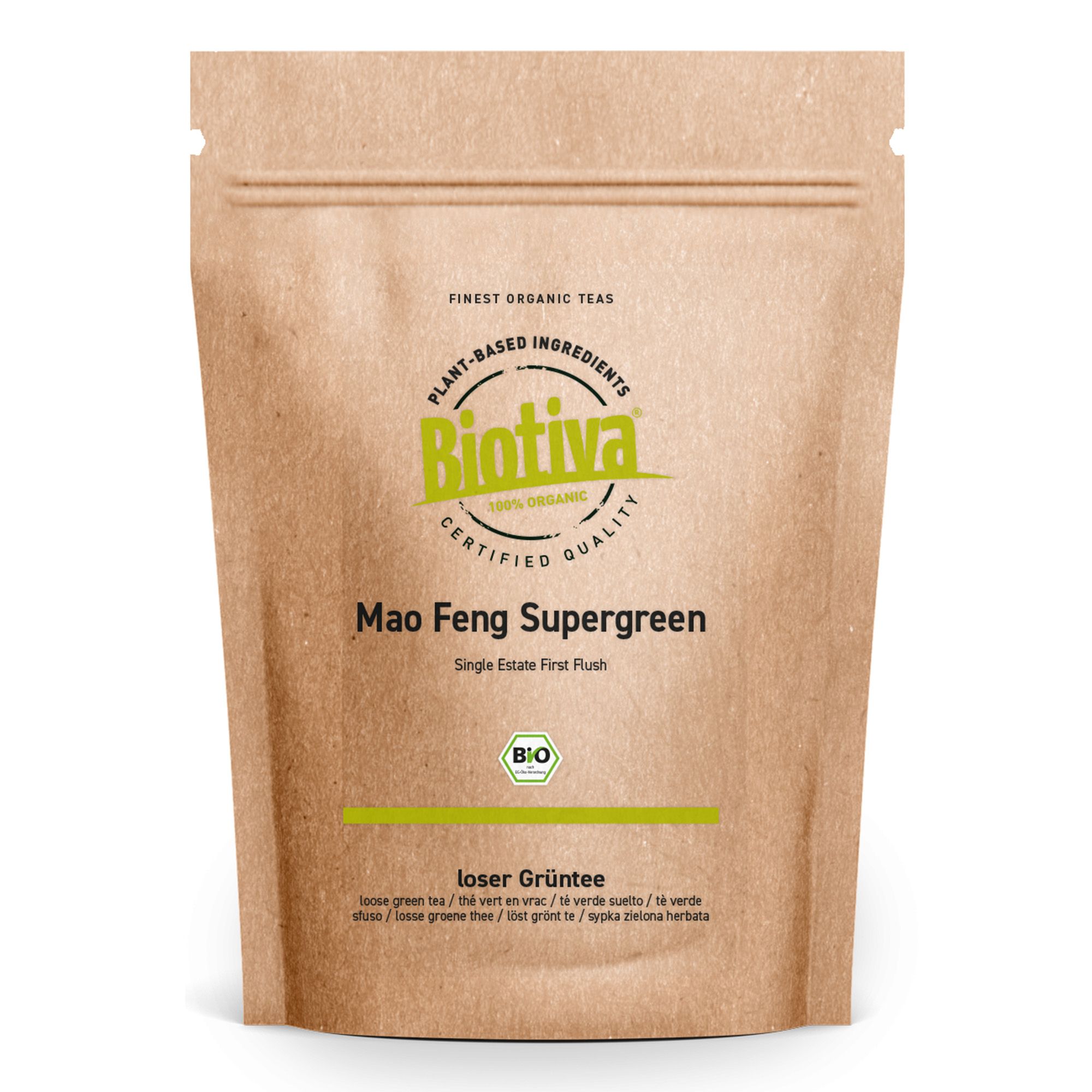 Beutel mit Grüntee. Aufschrift: Biotiva, Mao Feng Supergreen, Bio-Siegel. Braune Papierverpackung mit Zip-Verschluss.