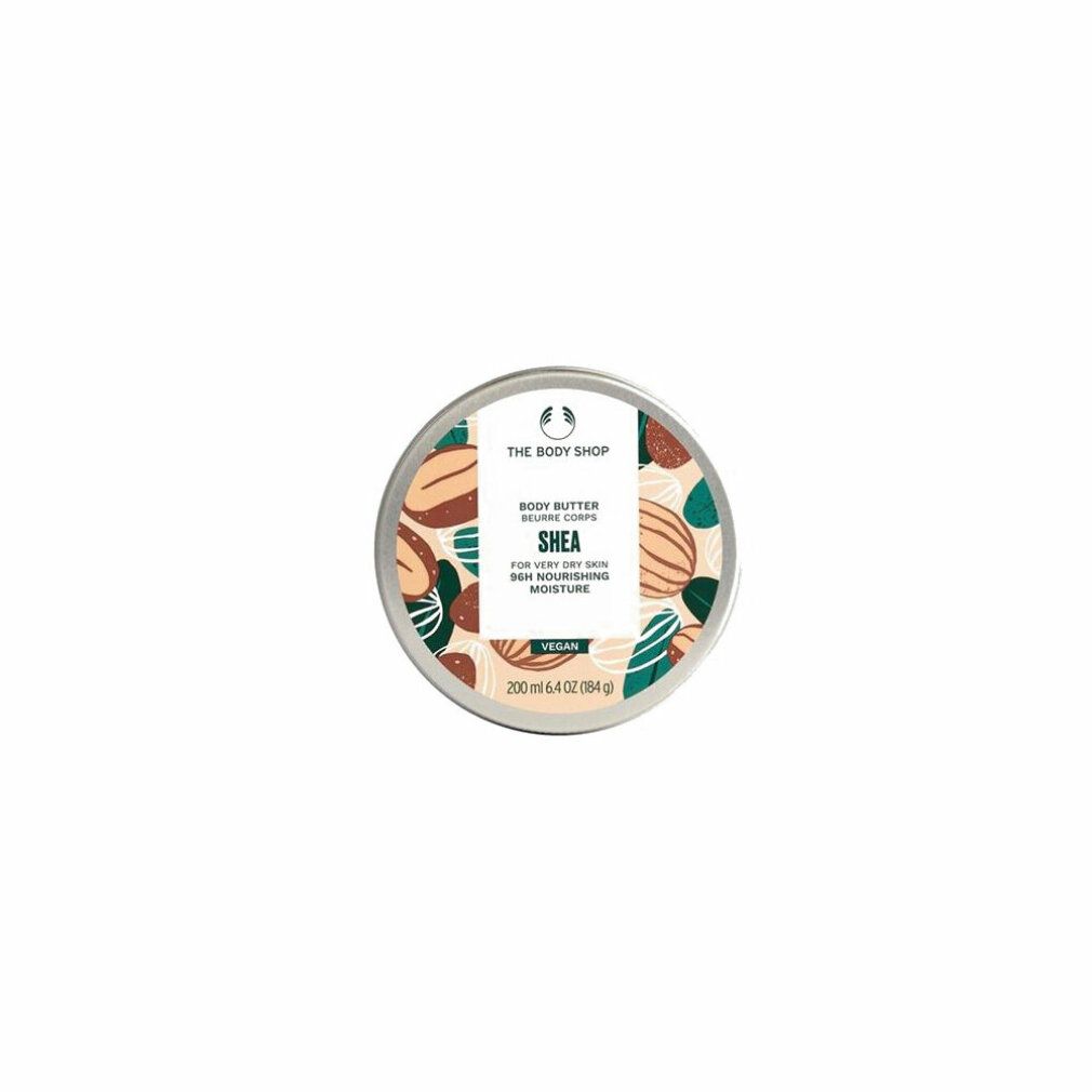 Runde Dose mit Deckel. Aufschrift: The Body Shop, Body Butter Shea, für sehr trockene Haut. Vegan. 200 ml.