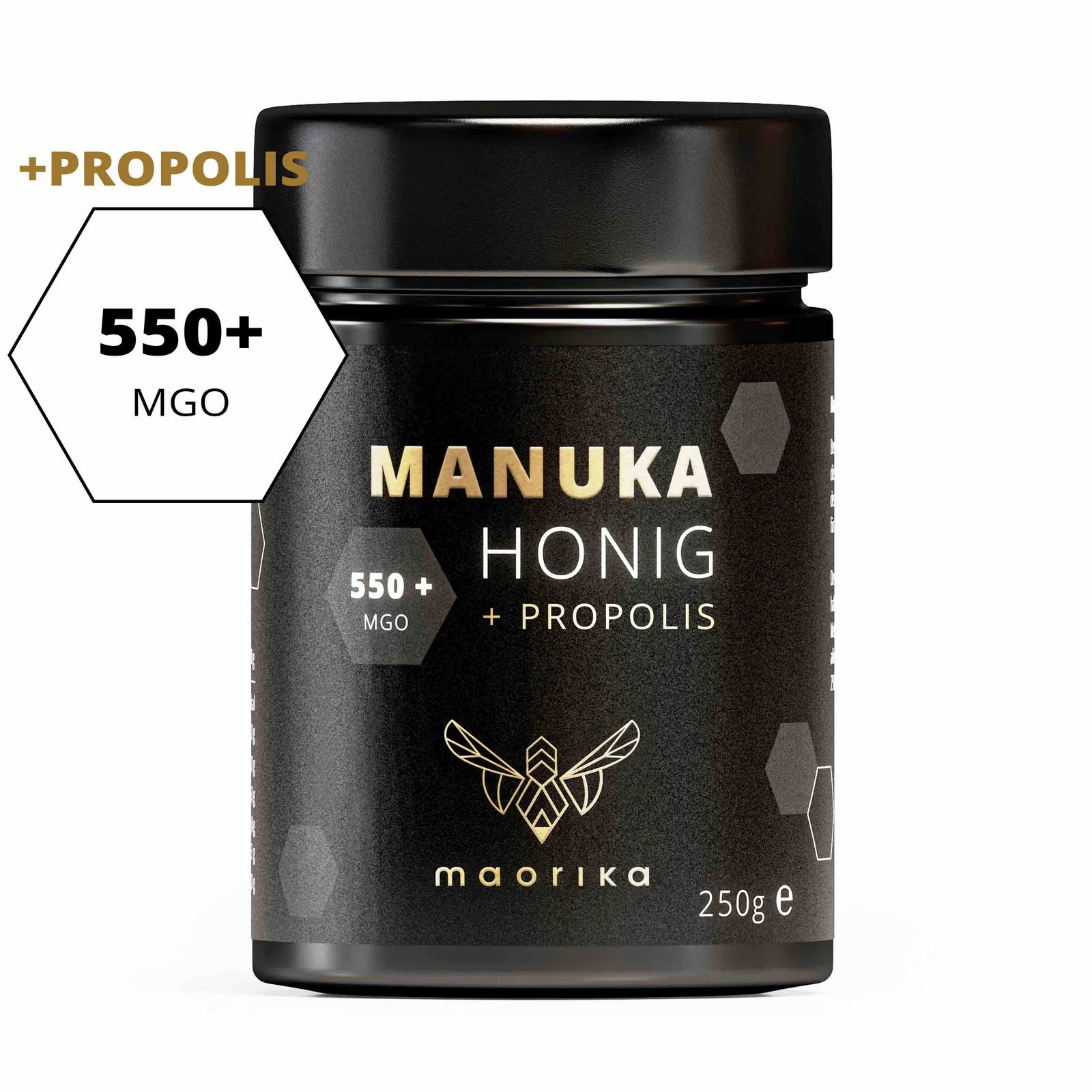 Schwarzes Glas mit Aufschrift MANUKA HONIG + PROPOLIS, MGO 550+ und Logo. Hexagon-Form mit Text. 250g.