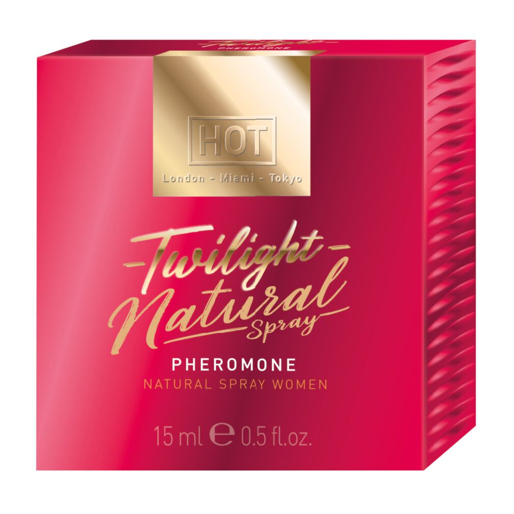 Rote Schachtel mit goldener Aufschrift: Twilight Natural Spray, Pheromone. 15 ml. Geriffelte Oberfläche.