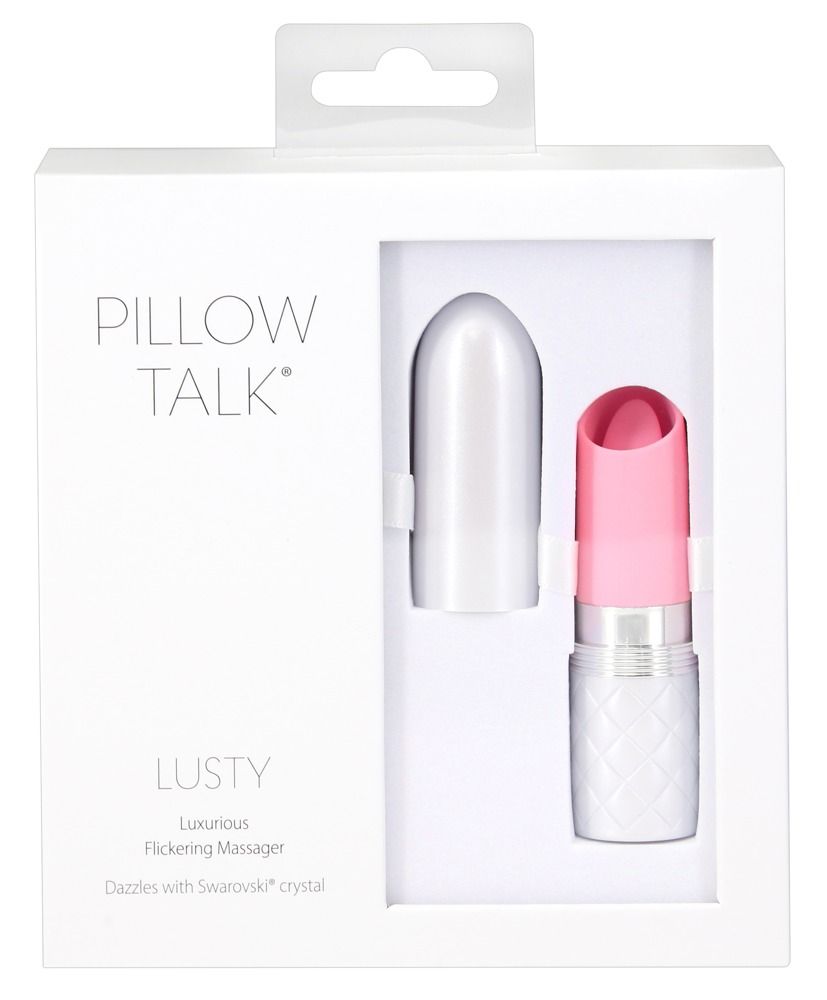Verpackung des PILLOW TALK Lusty Lippenstift-Vibrators mit Produktabbildung.