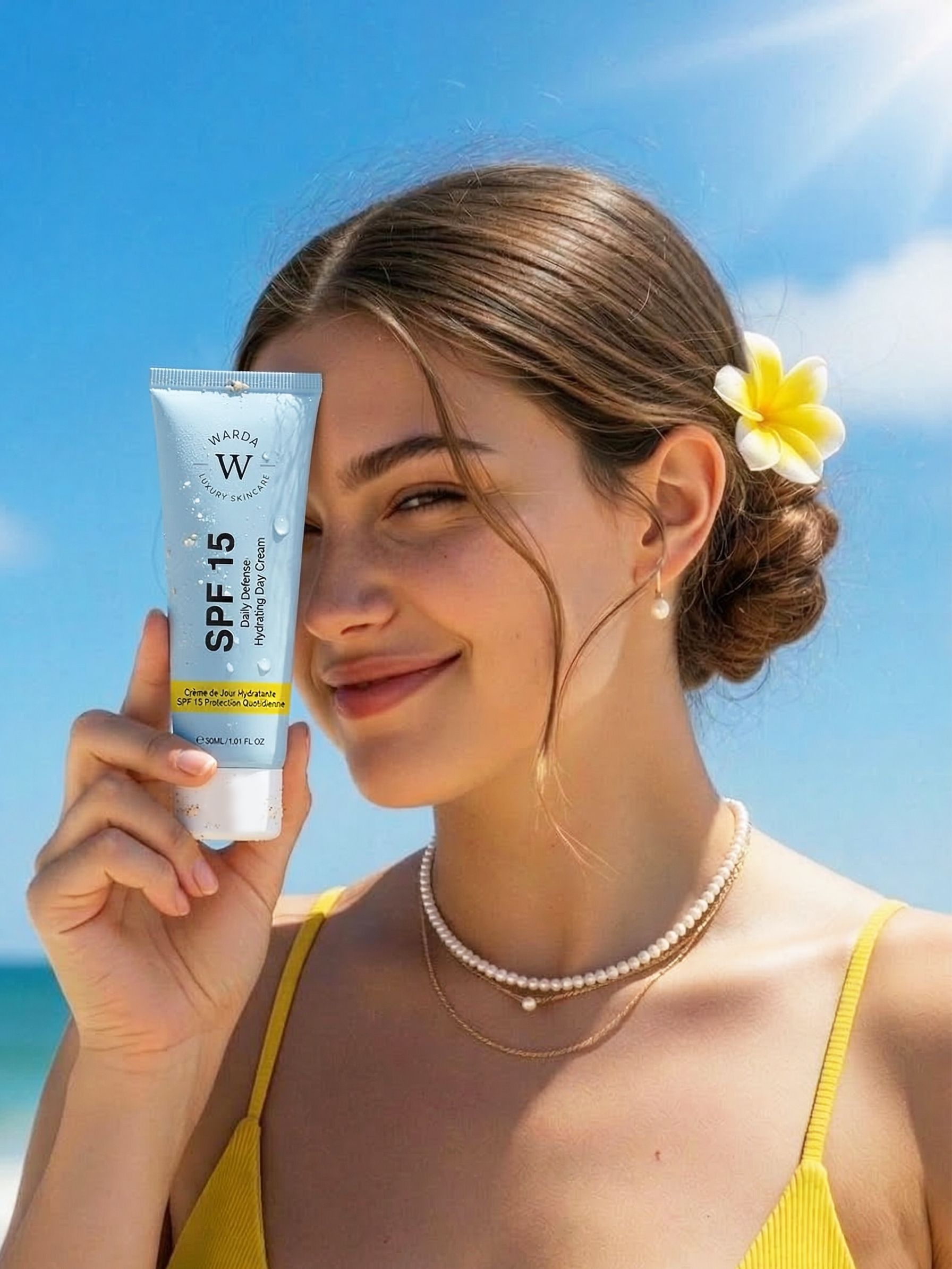Frau hält eine hellblaue Tube. Aufschrift: Warda, SPF 15, Daily Defense, Hydrating Day Cream. Gelber Streifen. Hintergrund: Strand.