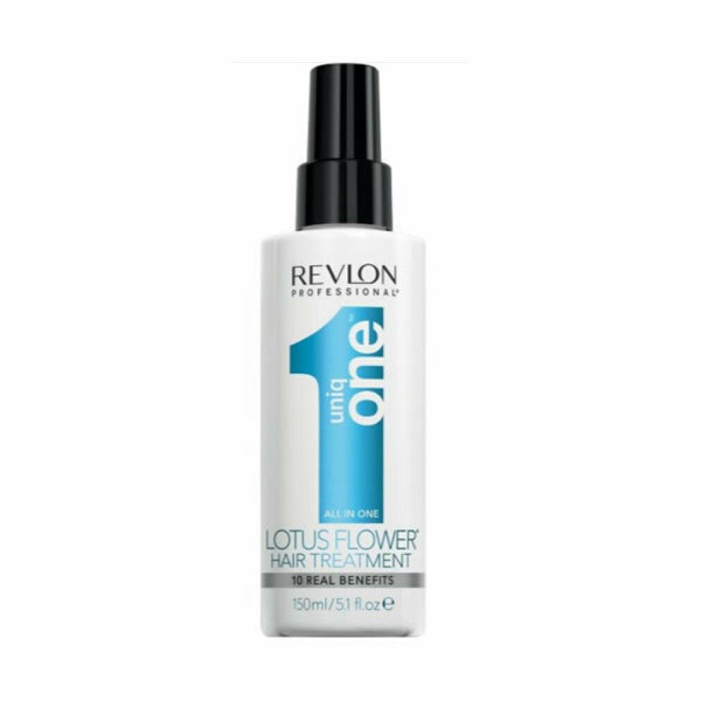 Revlon Uniq One Lotus Flower Hair Treatment. Weiße Flasche mit schwarzem Sprühkopf. Blaues Logo und Produktinformationen.
