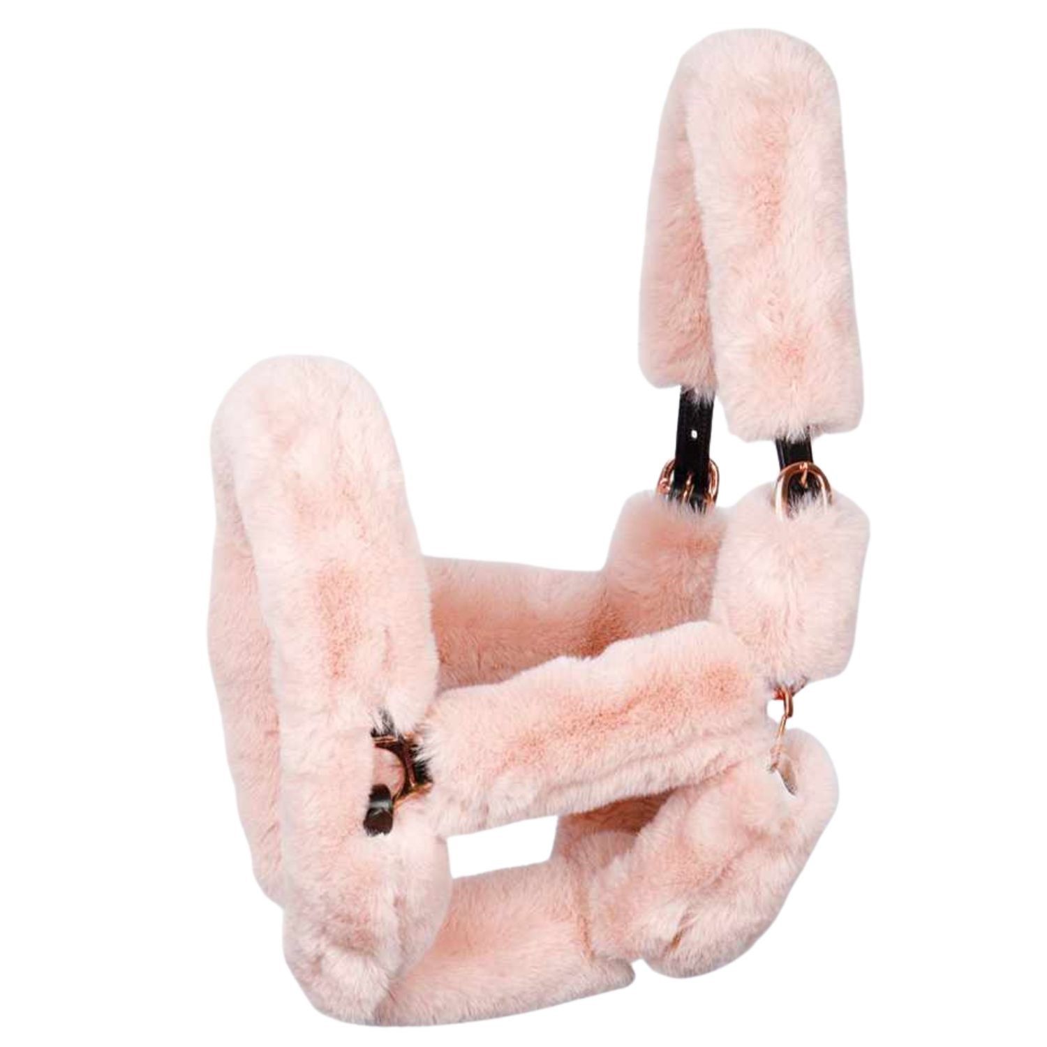 Rosa Halfterschutzbezug mit Fell. Schwarze Lederriemen und goldfarbene Schnallen. Für Pferde.