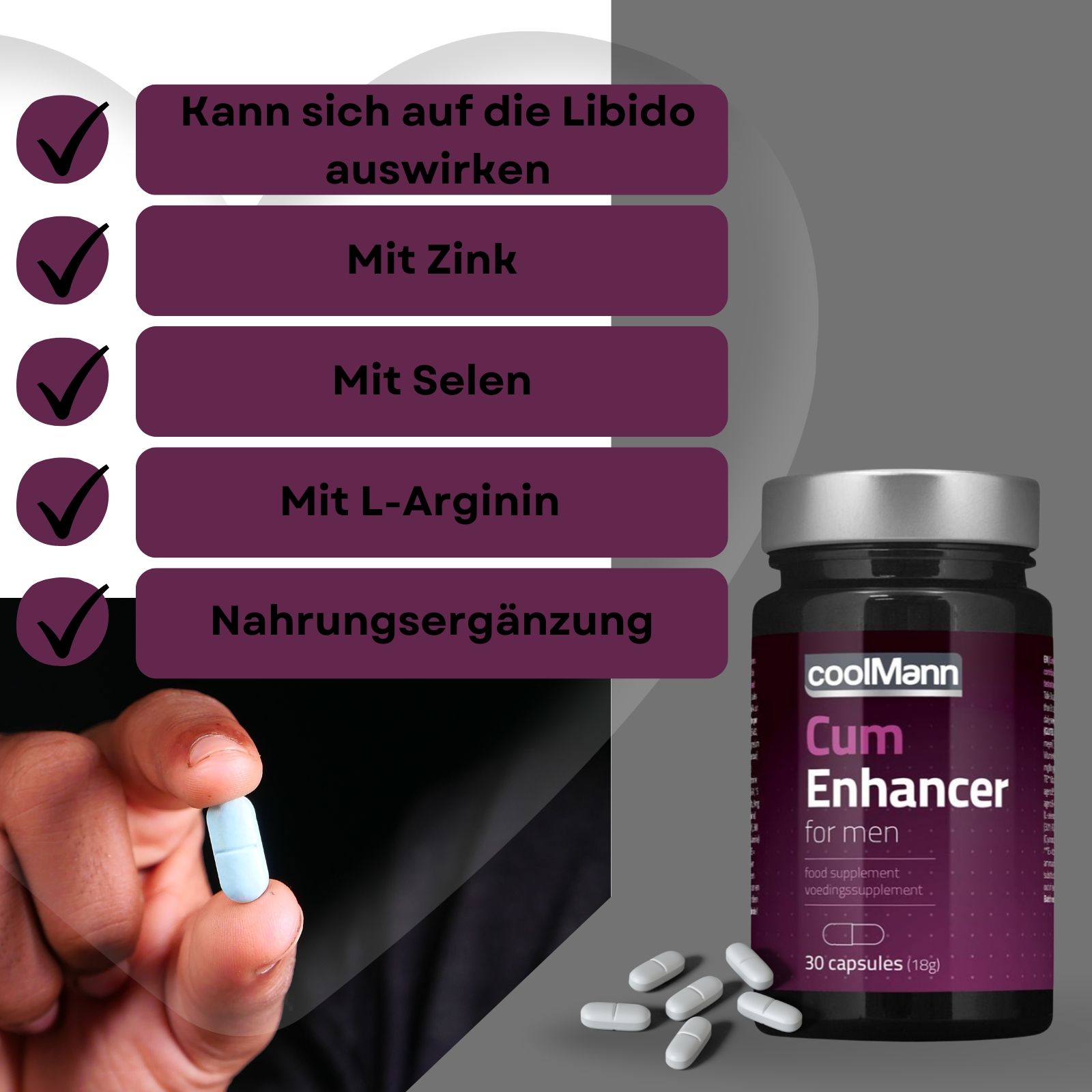Produktflasche und -verpackung. Text: "coolMann Cum Enhancer for men". Eine Kapsel in der Hand. Muskelmann im Hintergrund.