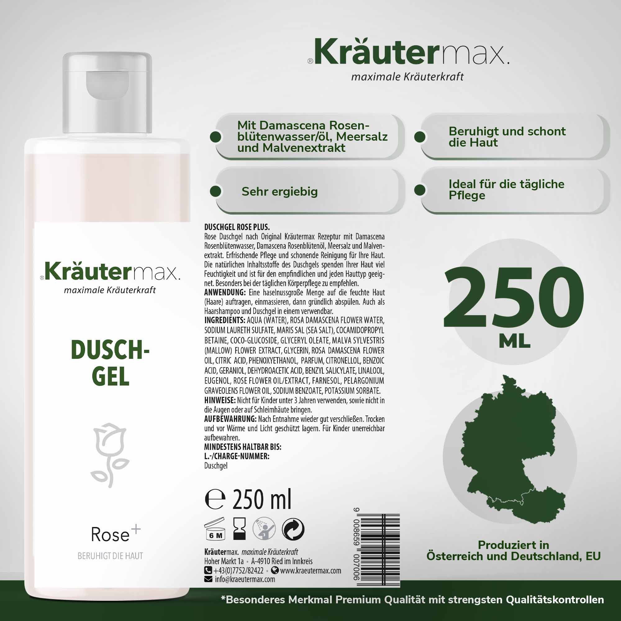 Kräutermax Duschgel Rose+, 250 ml Flasche. Text: Mit Rosenblütenwasser, Meersalz, Malvenextrakt. Beruhigt und schont die Haut.