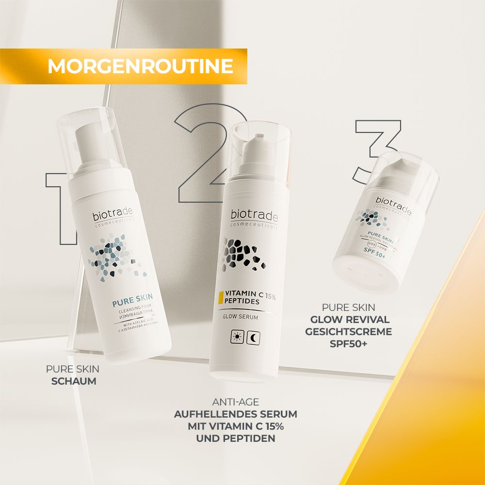 Drei Biotrade Produkte: Pure Skin Reinigungsschaum, Vitamin C 15% Peptides Serum, Pure Skin Glow Revival Gesichtscreme SPF50+.