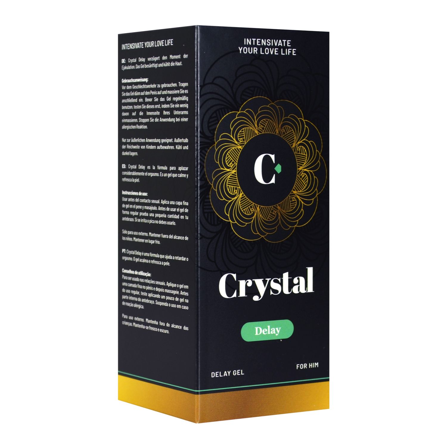 Schwarze Verpackung mit goldenem Muster und Text "Crystal Delay". Text: "Delay Gel für Ihn". Mehrsprachiger Text.