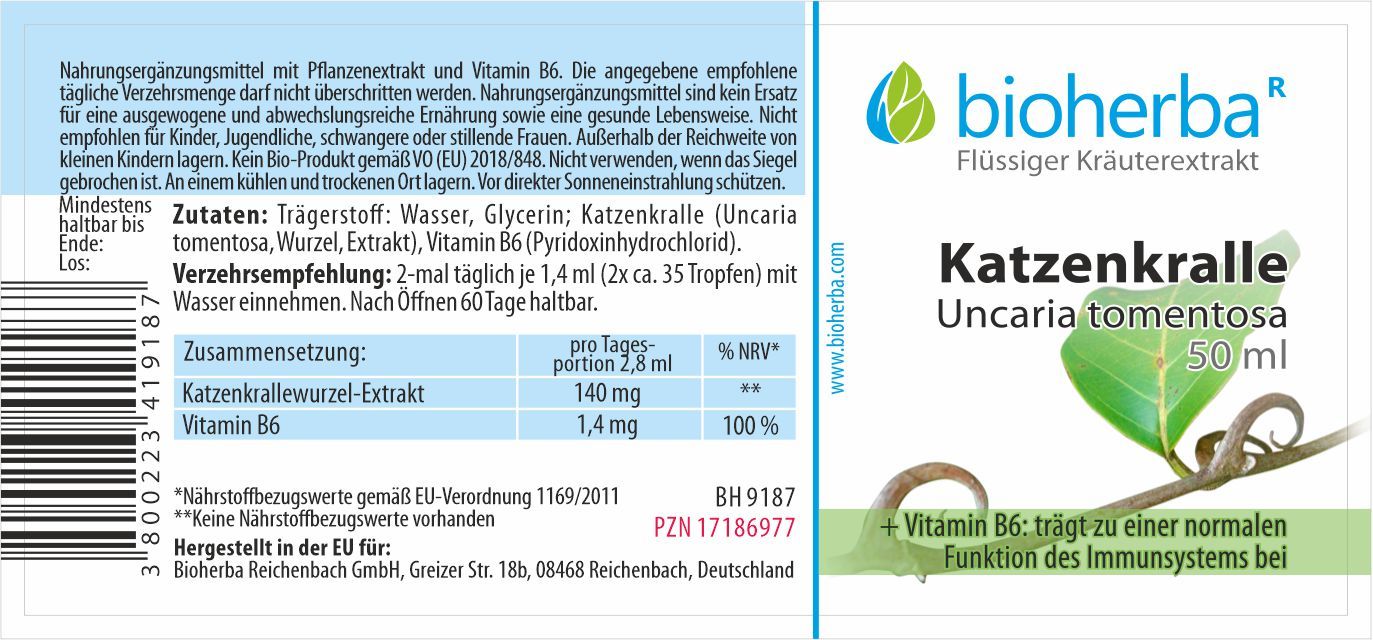Etikett mit Produktinformationen. Text: Bioherba, Katzenkralle, Uncaria tomentosa, 50 ml. Enthält Vitamin B6. Zutaten und Nährwertangaben.