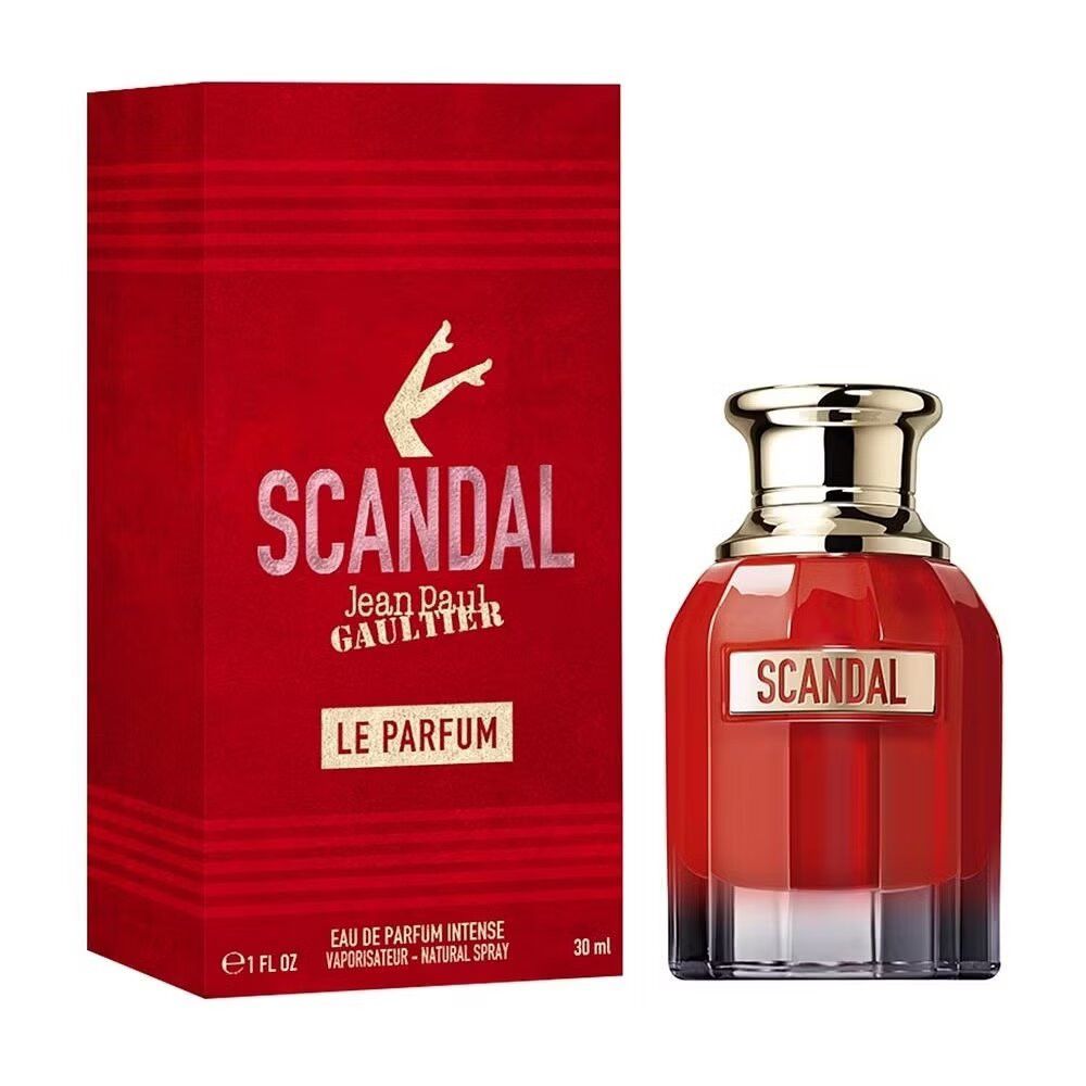 Roter Flakon mit goldener Kappe und roter Verpackung. Schriftzug SCANDAL und LE PARFUM.