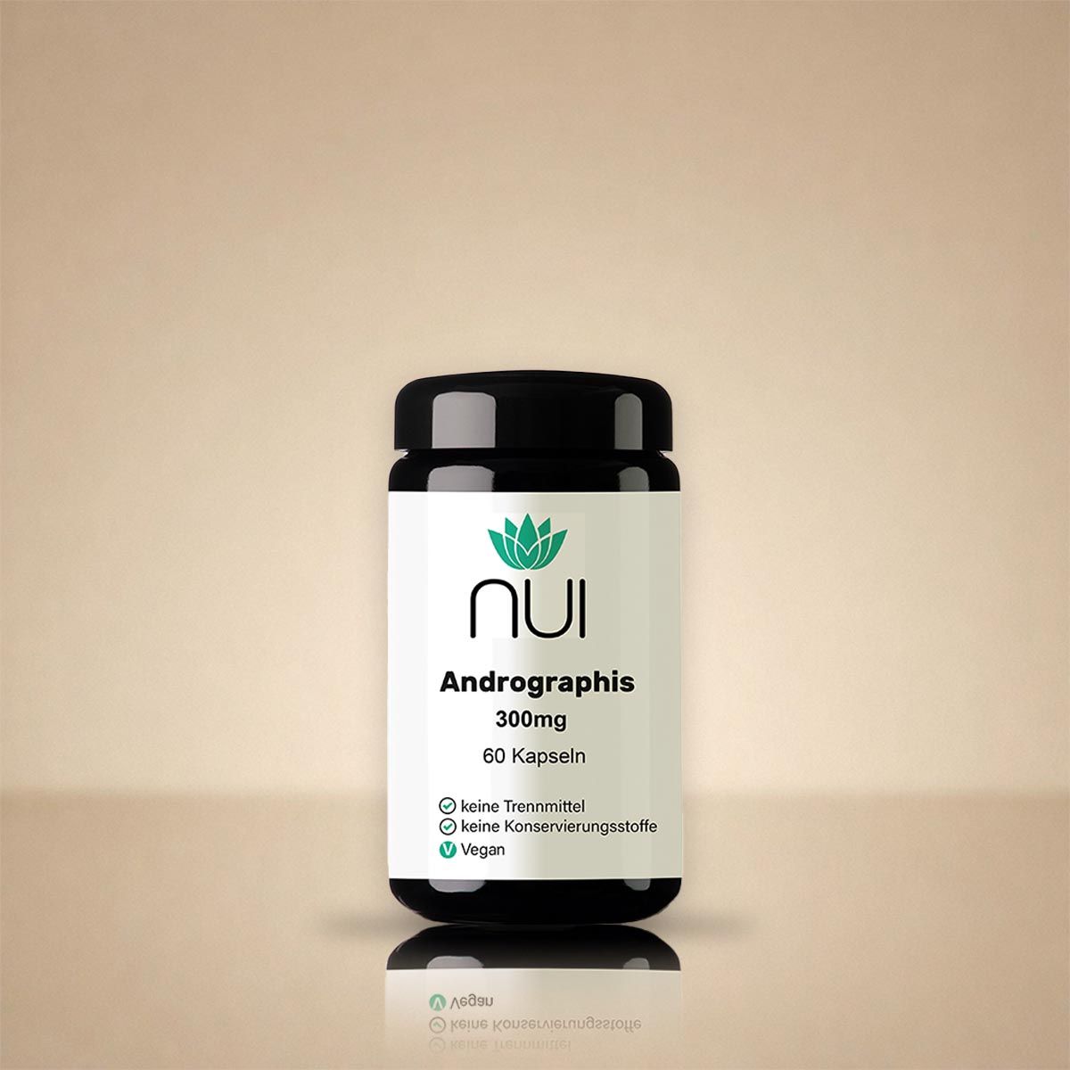 NUI Andrographis Kapselbehälter mit 60 Kapseln, 300mg Extrakt. Vegan, ohne Konservierungsstoffe.