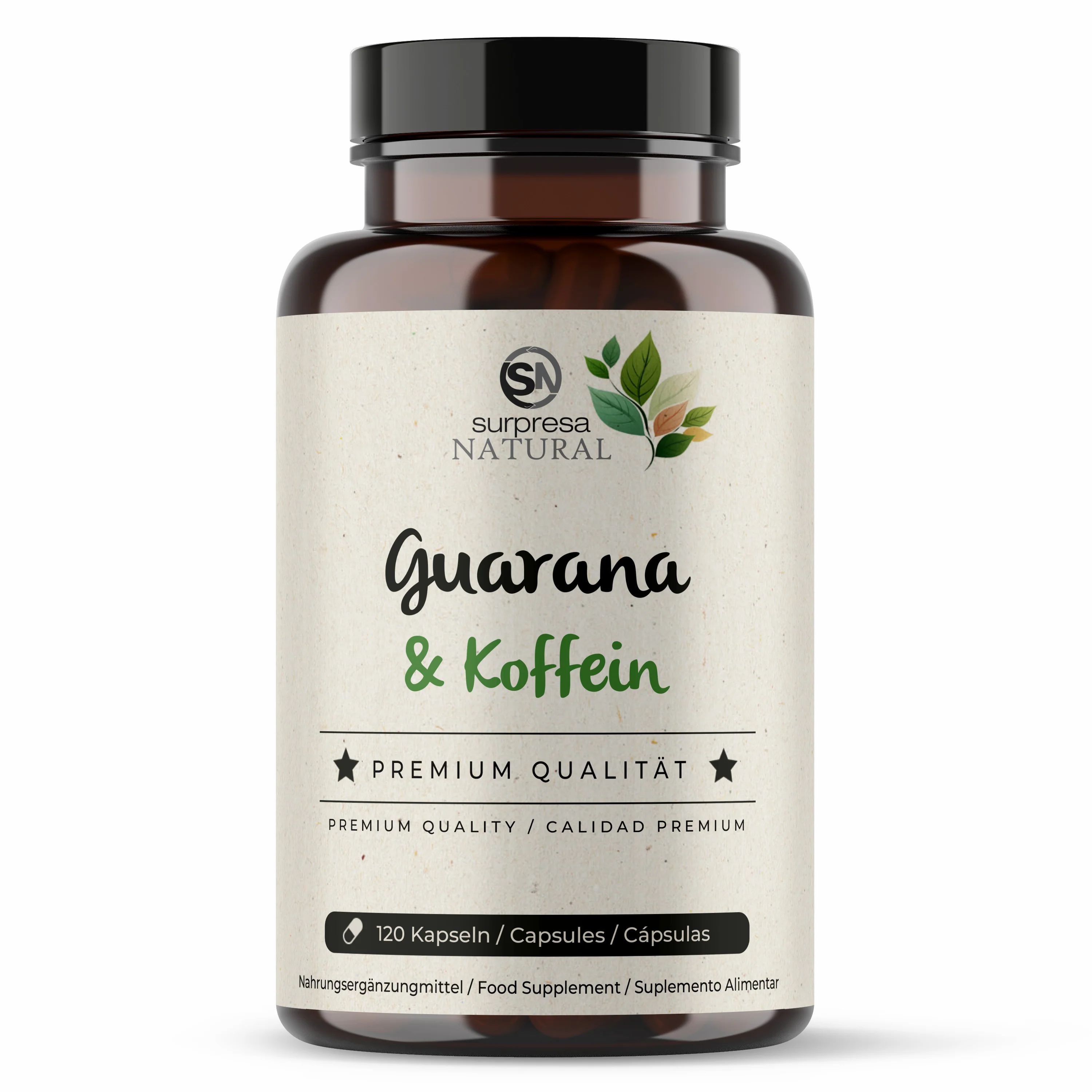 Braune Flasche mit Kapseln. Aufschrift: Surpresa Natural, Guarana & Koffein, Premium Qualität. 120 Kapseln.