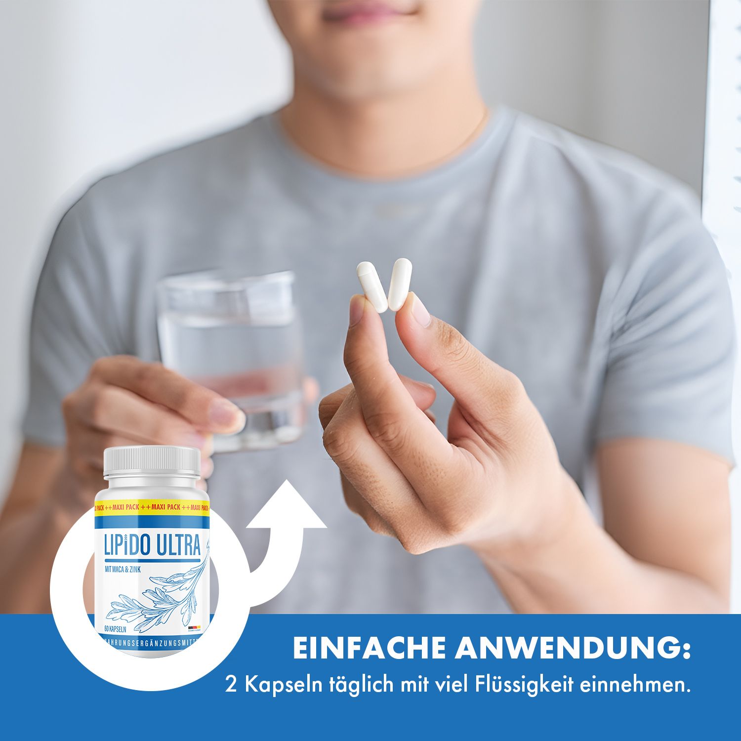 Mann hält zwei weiße Kapseln. Daneben eine Flasche Lipido Ultra Kapseln. Aufschrift: Mit Maca & Zink. Ein Glas Wasser steht daneben.