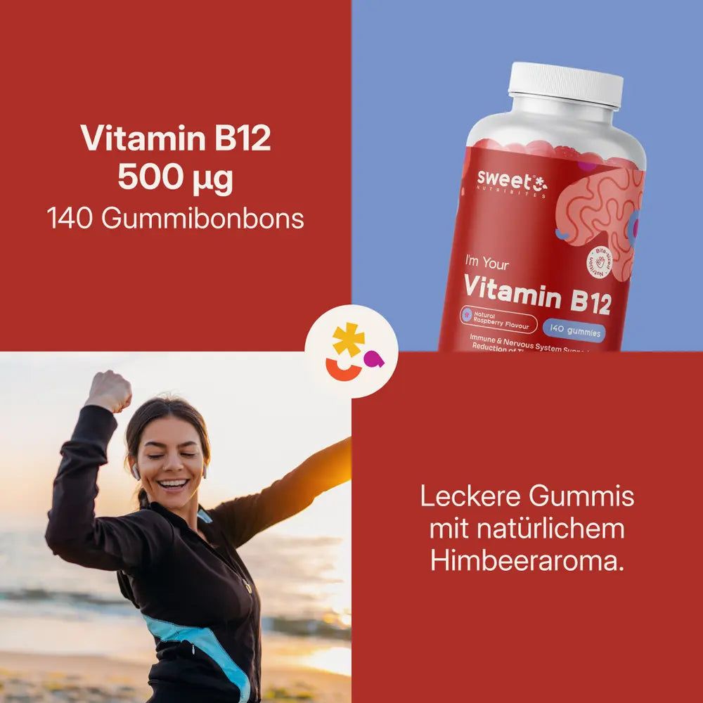Vitamin B12 500 µg und 140 Gummibonbons. Frau am Strand. Text: Leckere Gummis mit Himbeeraroma.