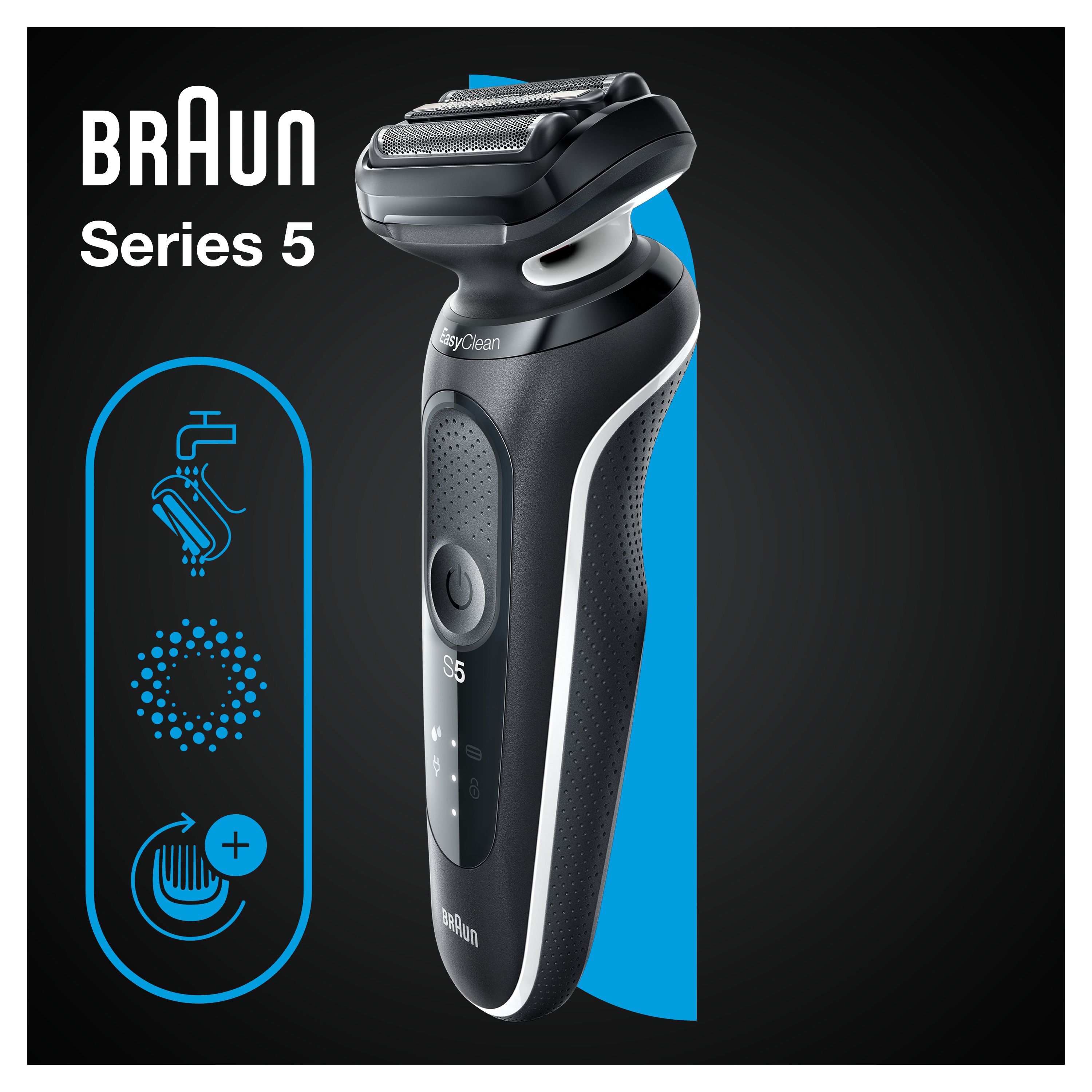 Schwarzer Elektrorasierer, Marke Braun, Series 5. Mit drei Scherköpfen. Auf dem Rasierer: Easy Clean, S5, Braun Logo.