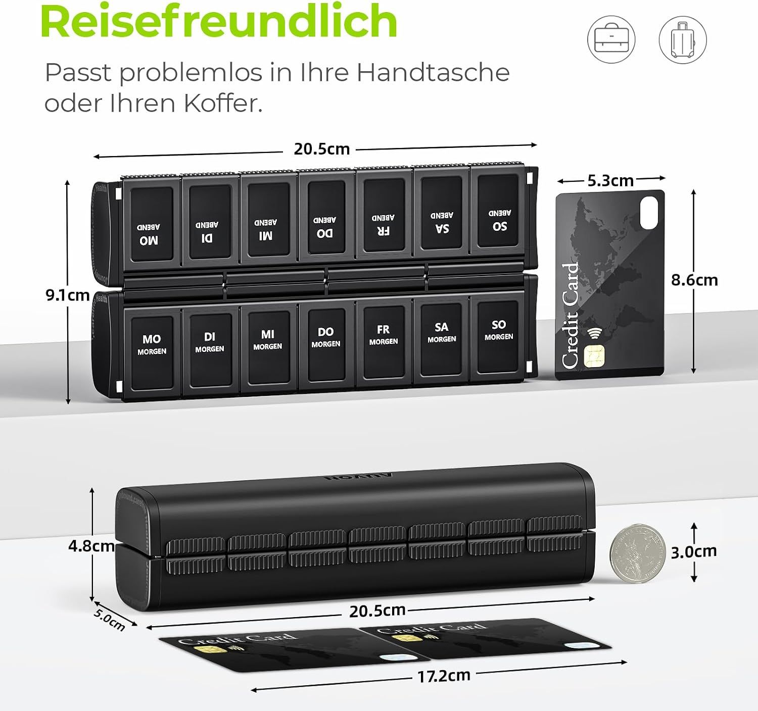 Schwarze Pillendose, kompakt und reisefreundlich, im Vergleich zu Kreditkarten.