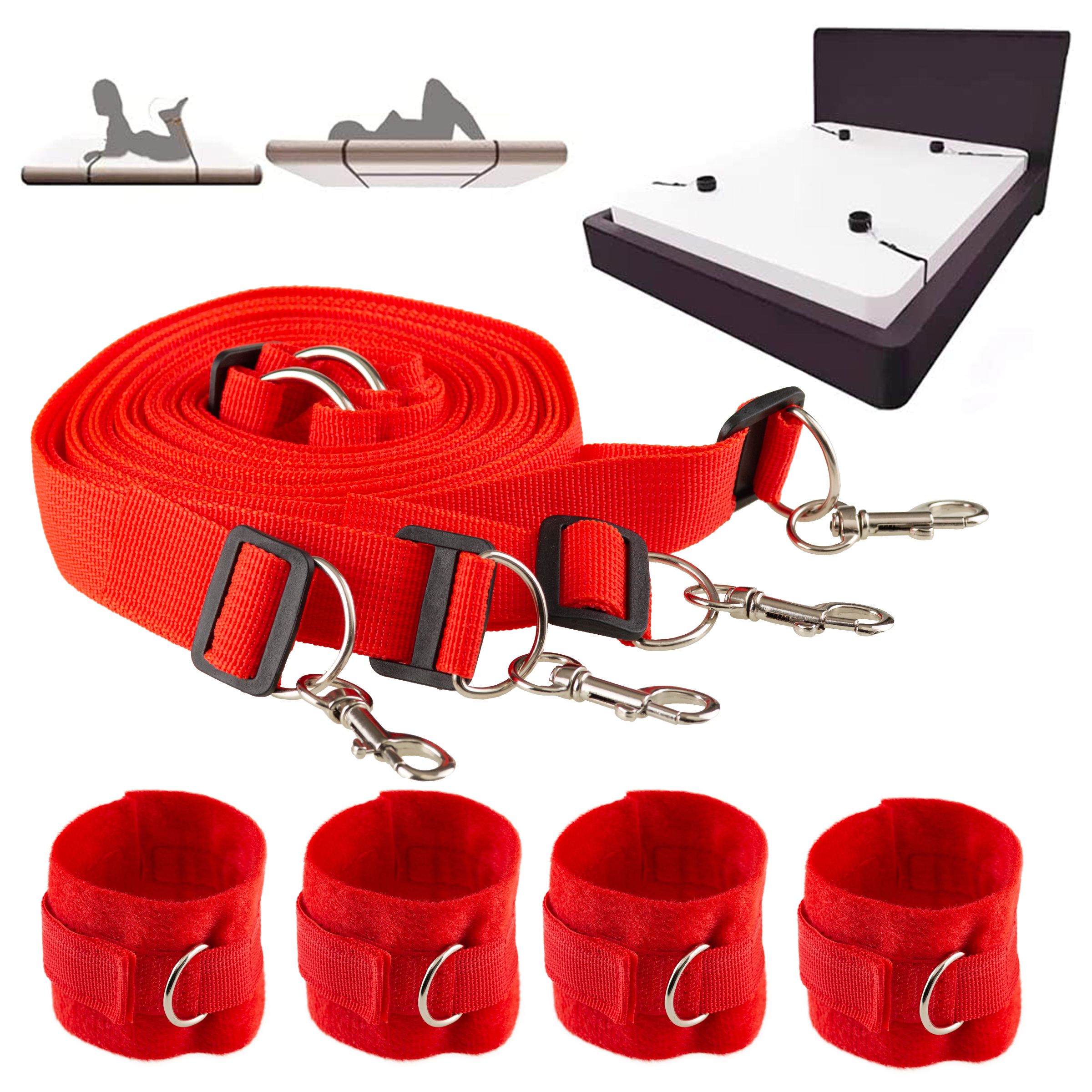 Rotes Bondage-Set mit vier Handfesseln, Riemen, Schnallen und Karabinerhaken. Bett-Konfiguration.