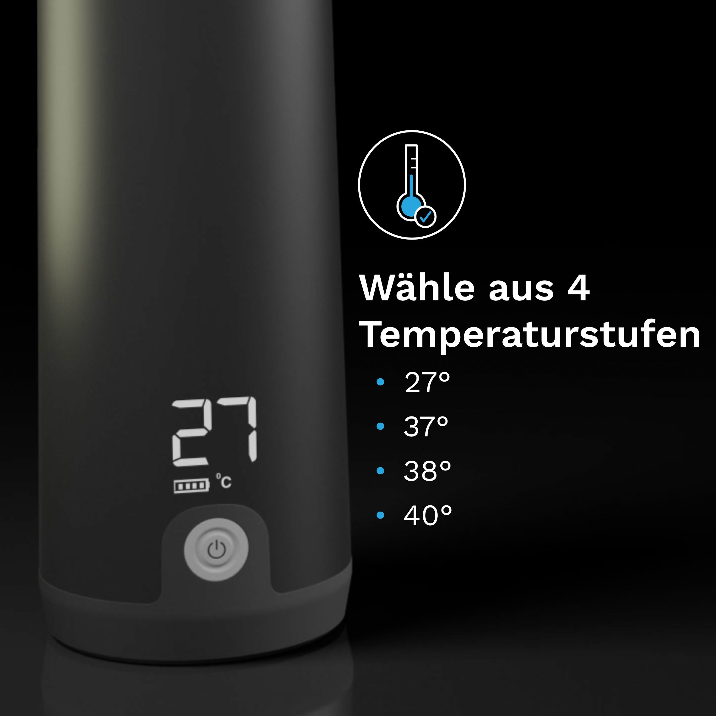 Schwarzer Wasserwärmer mit digitaler Temperaturanzeige. Zeigt 27°C an. Text: "Wähle aus 4 Temperaturstufen".