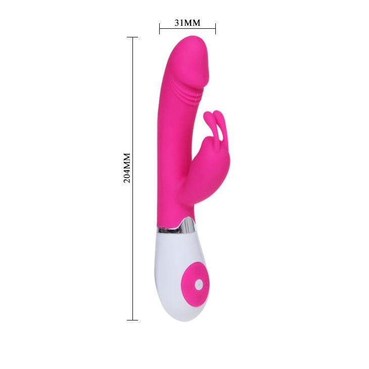 Rosa-weißer Vibrator. Abmessungen: 204 mm lang, 31 mm breit. Auf weißem Hintergrund.