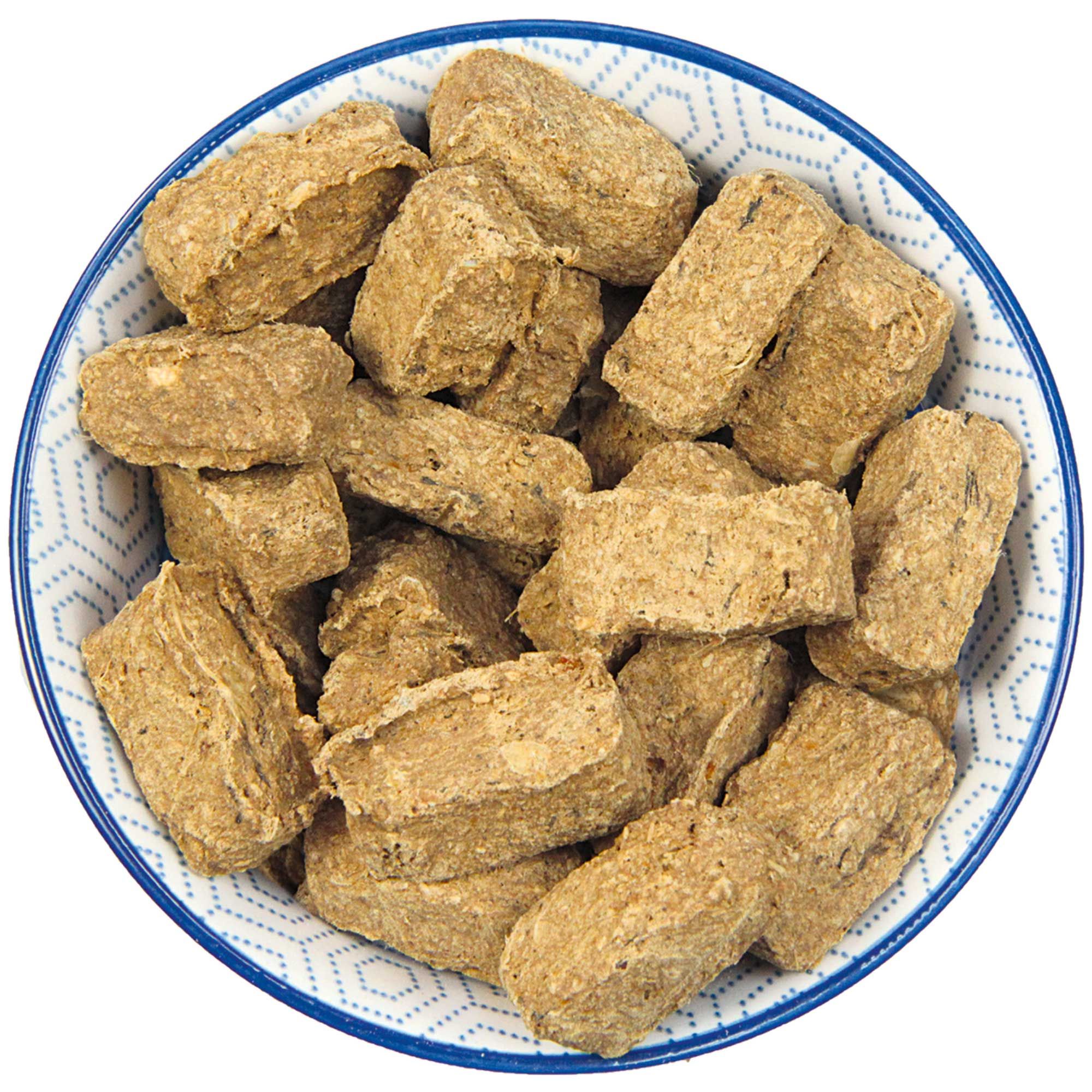 Hundefutterbrocken in einer Schale. Eckige, beige Stücke. Blaue und weiße Schale mit Muster.