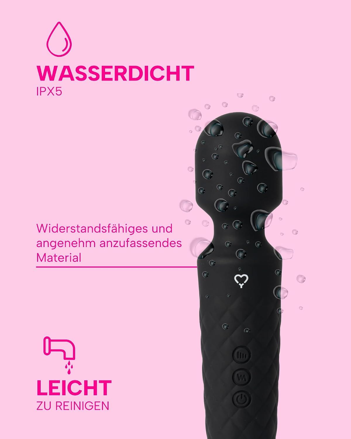 Schwarzer Vibrator mit silbernem Akzent, wasserdicht (IPX5) und leicht zu reinigen.