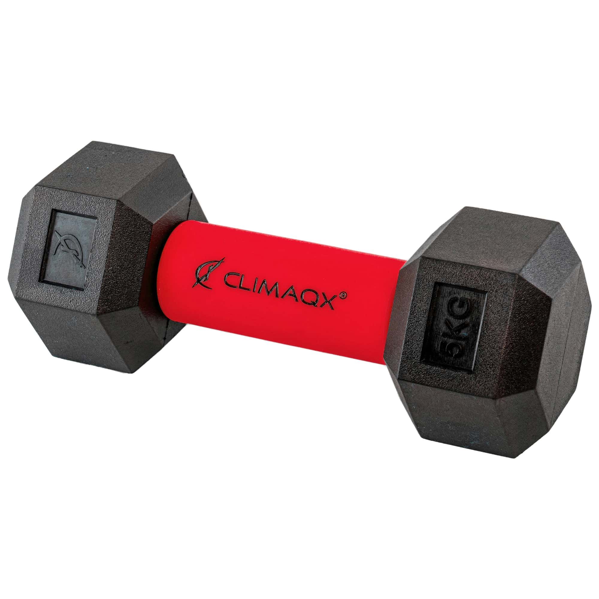Hantel mit rotem Griff und schwarzen, sechseckigen Gewichten. CLIMAQX Logo. 5KG Gewicht.