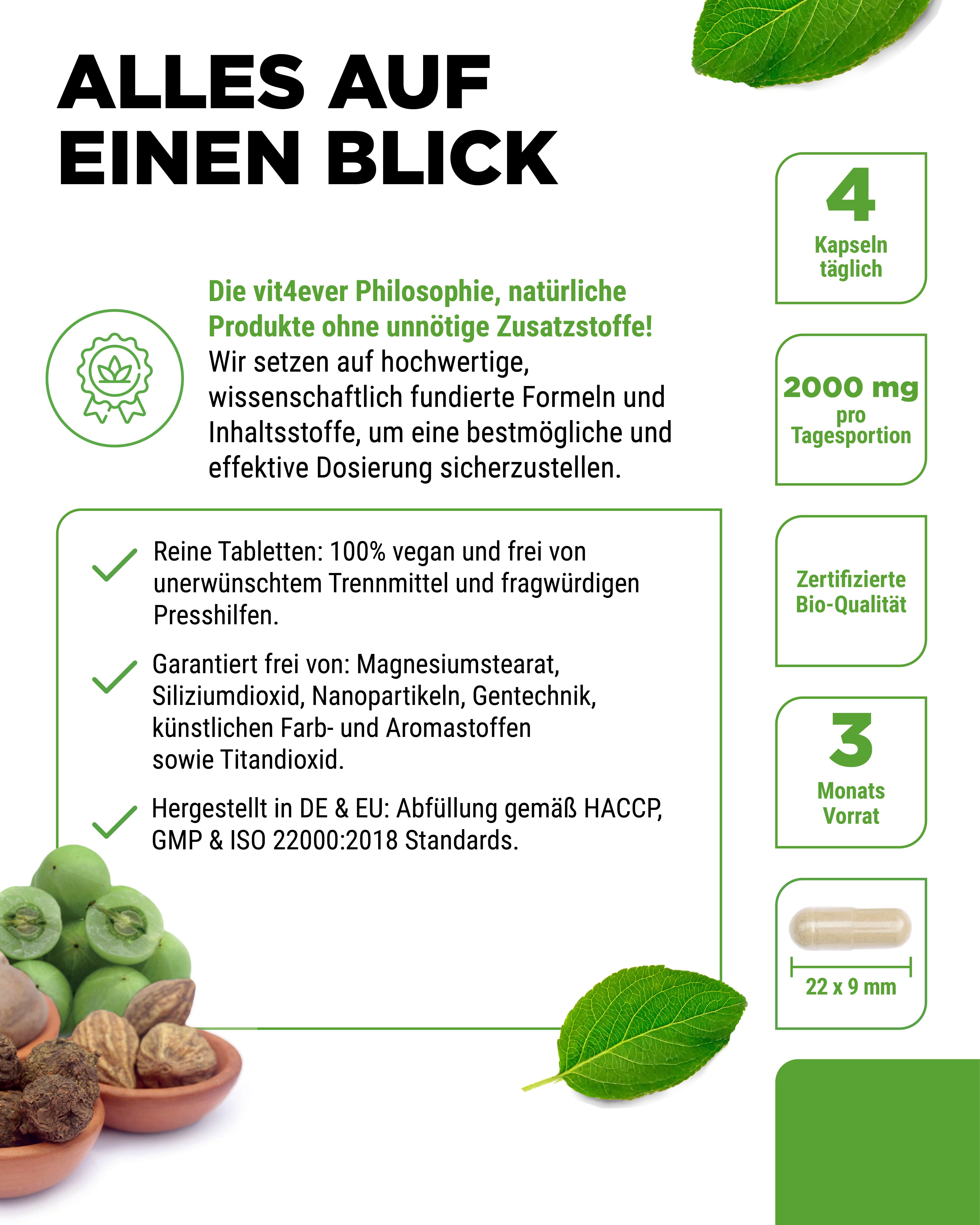 Text mit Informationen zu vit4ever BIO TRIPHALA. 4 Kapseln täglich, 2000 mg pro Tagesportion, 3 Monatsvorrat.
