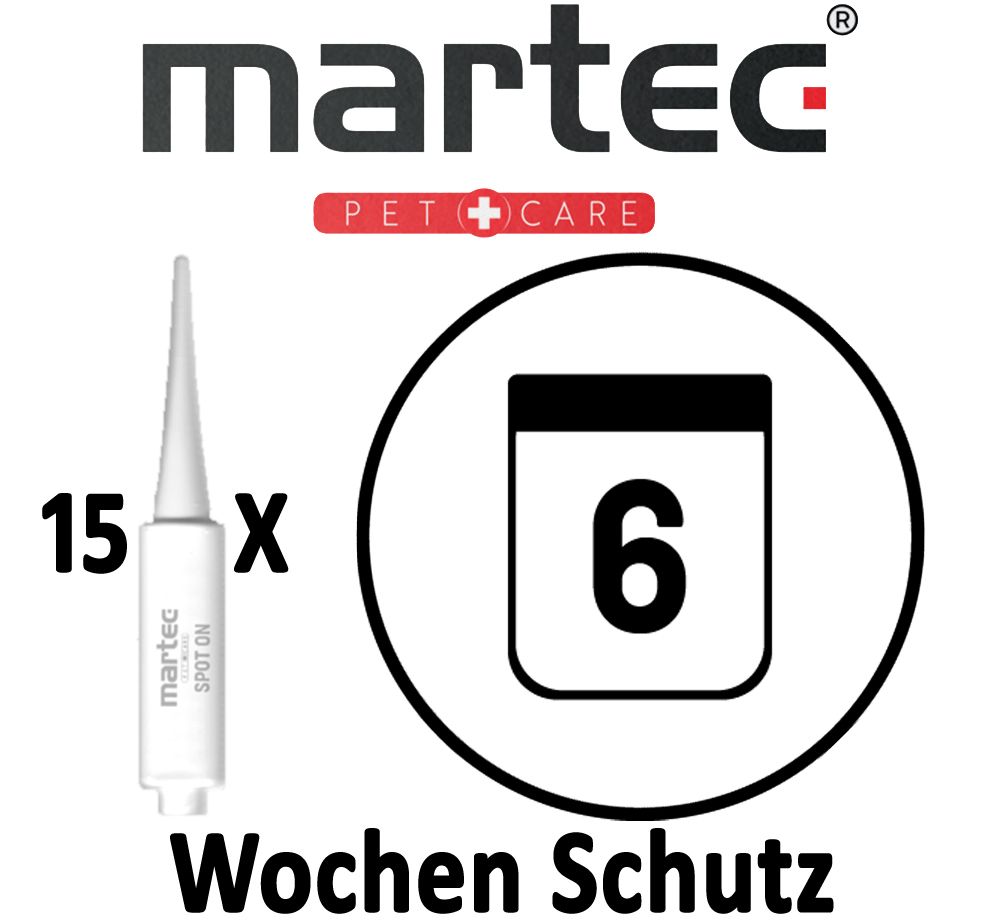 Produkt und Symbol für 6 Wochen Schutz. Produkt: Spot-On-Pipette. Text: 15 x, Wochen Schutz. Marke: martec.