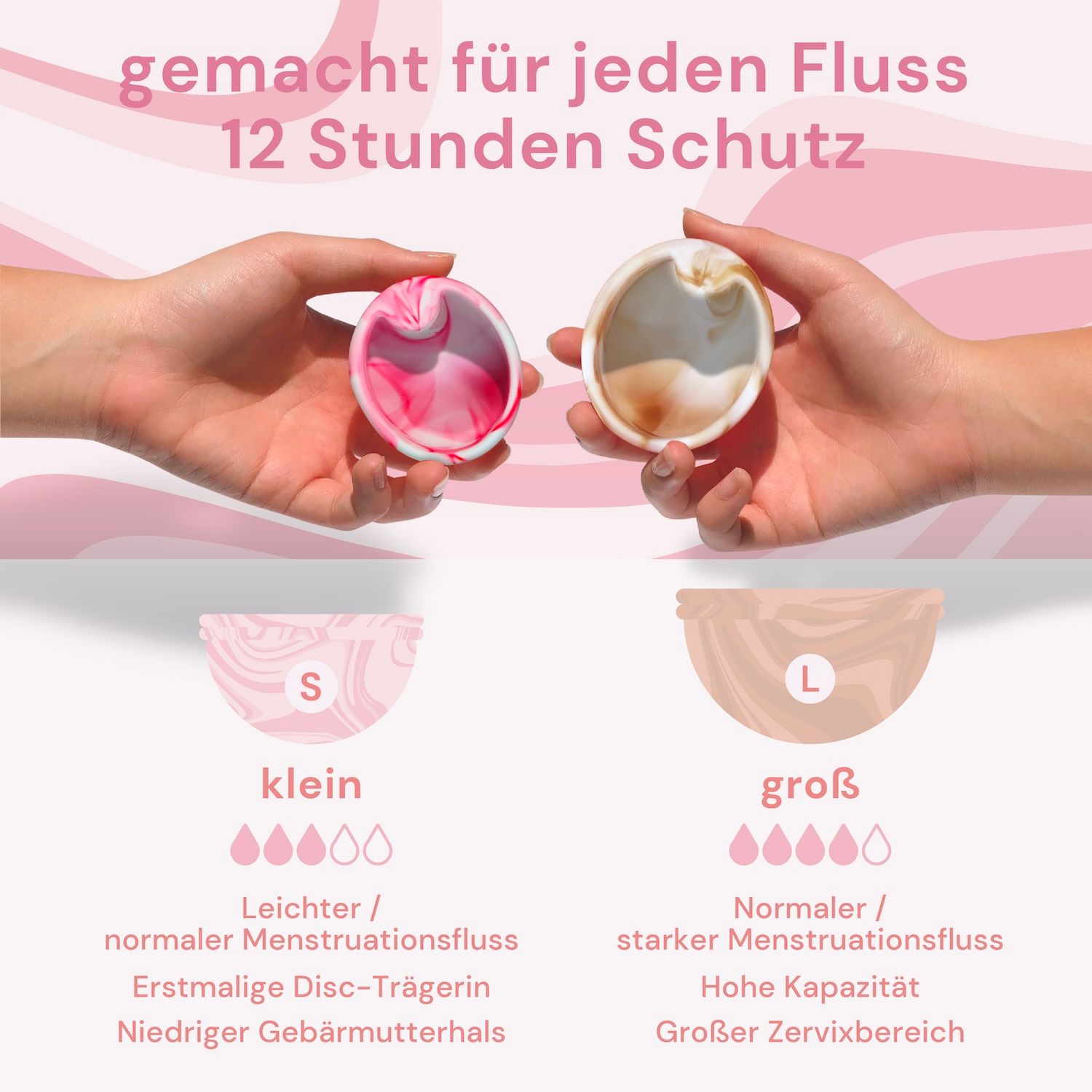 Zwei Hände halten je eine Menstruationsscheibe. Links eine rosa-weiß marmorierte Scheibe, rechts eine beige Scheibe. Text über Größen und Fluss.