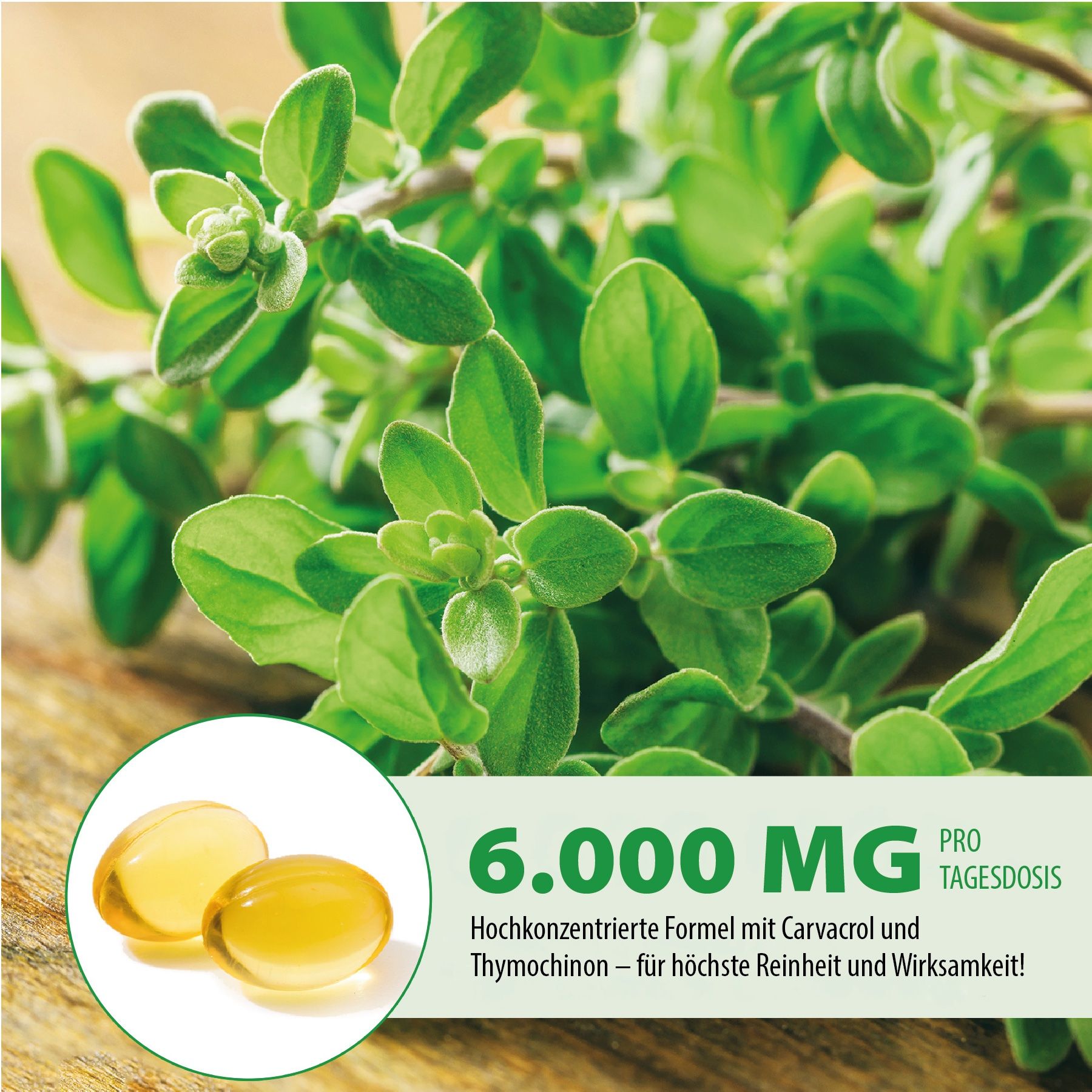 Zweig mit Blättern und Softgels. Text: 6.000 mg pro Tagesdosis. Gelbe Kapseln.