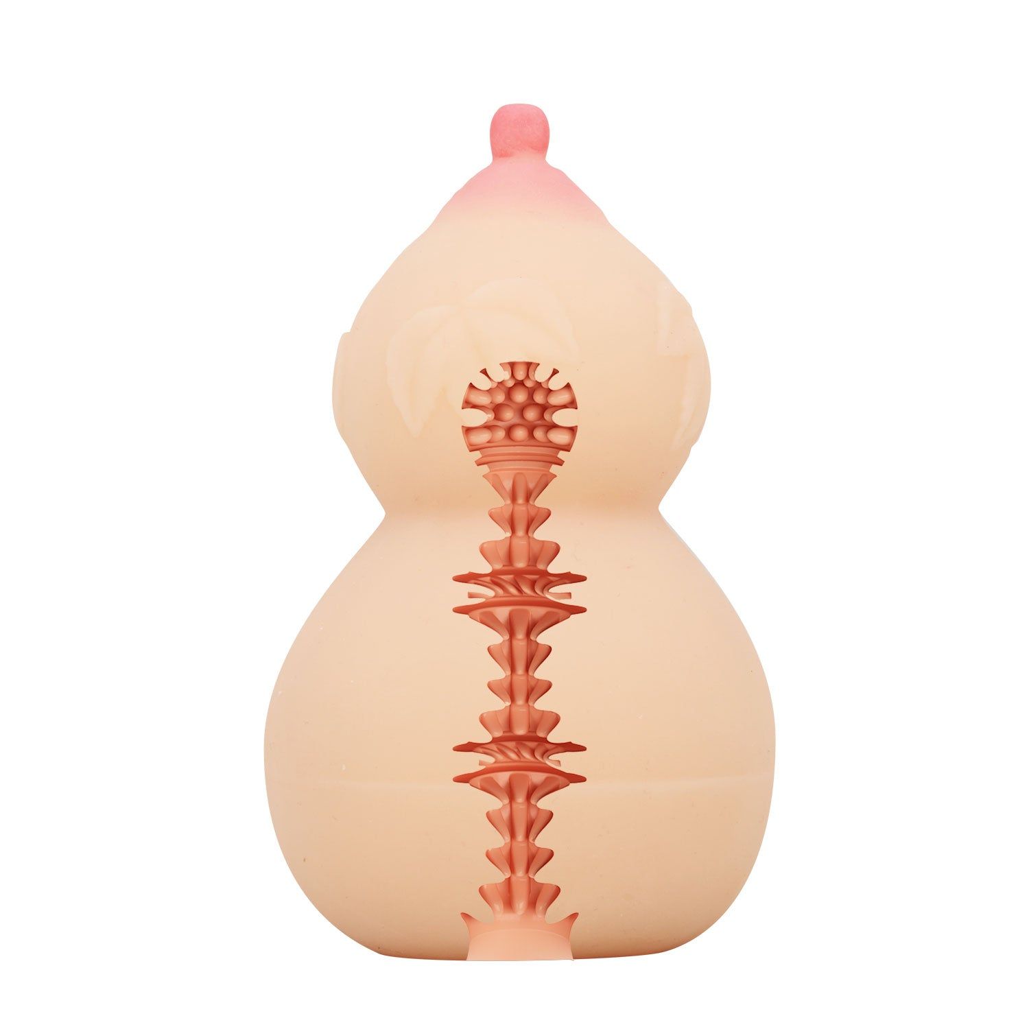 Masturbator, beige mit geripptem Kanal. Birnenform mit rosa Spitze. Gerippte Innenseite sichtbar.