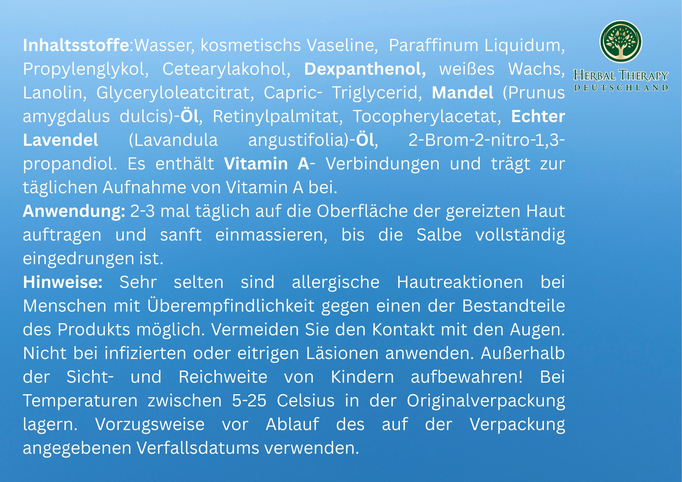 Text mit Inhaltsstoffen und Anwendungshinweisen für Herbal Therapy Dexpanthen Plus. Enthält Vitamin A und Lavendelöl.