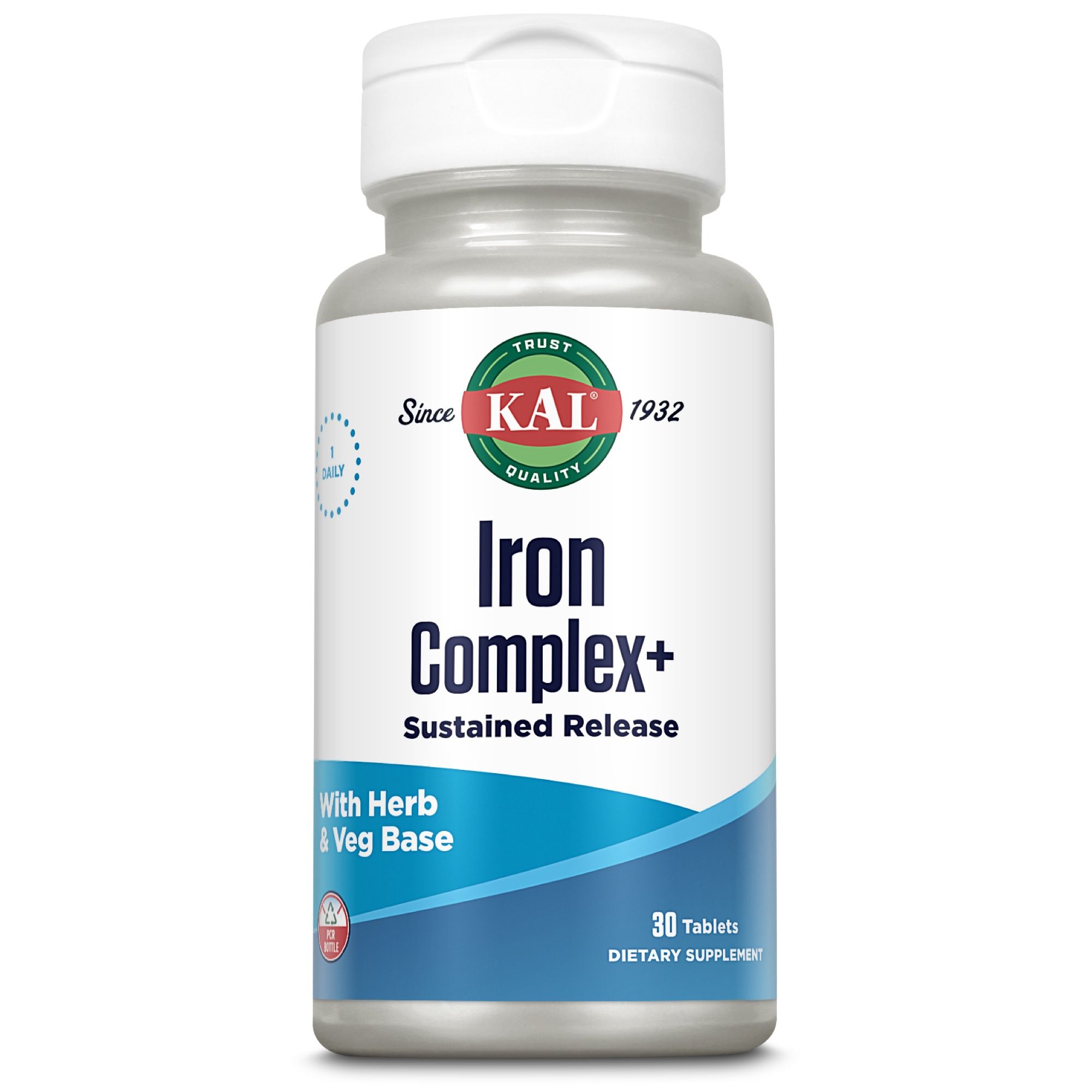 Eine Flasche KAL Iron Complex+ mit weißem Deckel. 30 Tabletten, Dietary Supplement. Marke und Produktname sichtbar.