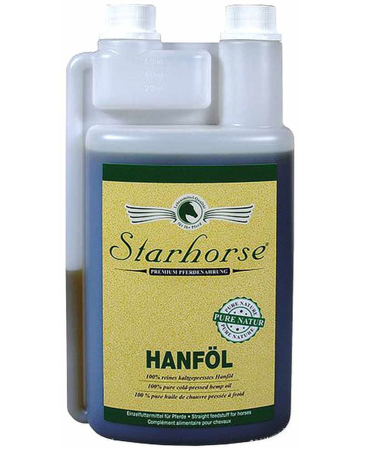 Flasche Starhorse Hanföl. Etikett mit Produktname und Logo. "Pure Natur" Siegel. Klarer Behälter mit brauner Flüssigkeit.