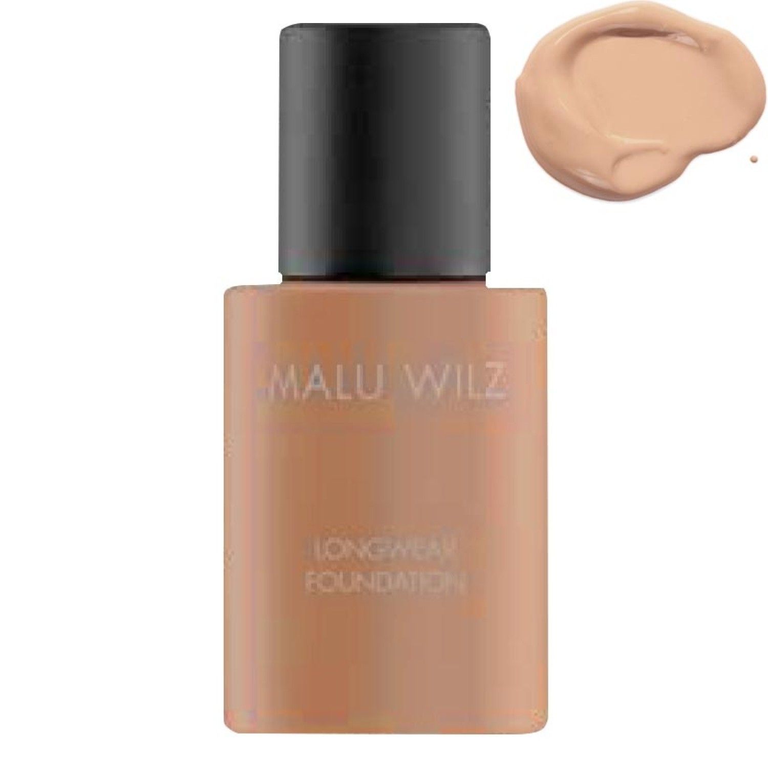 Make-up Longwear Foundation. Flasche mit schwarzem Deckel und Farbprobe. Schriftzug: MALU WILZ, LONGWEAR FOUNDATION.