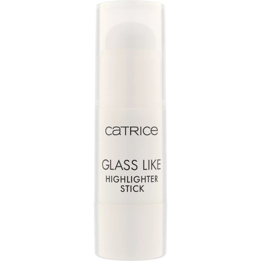 Weißer Highlighter-Stick mit Glas-Effekt. Aufschrift: Catrice, GLASS LIKE HIGHLIGHTER STICK.