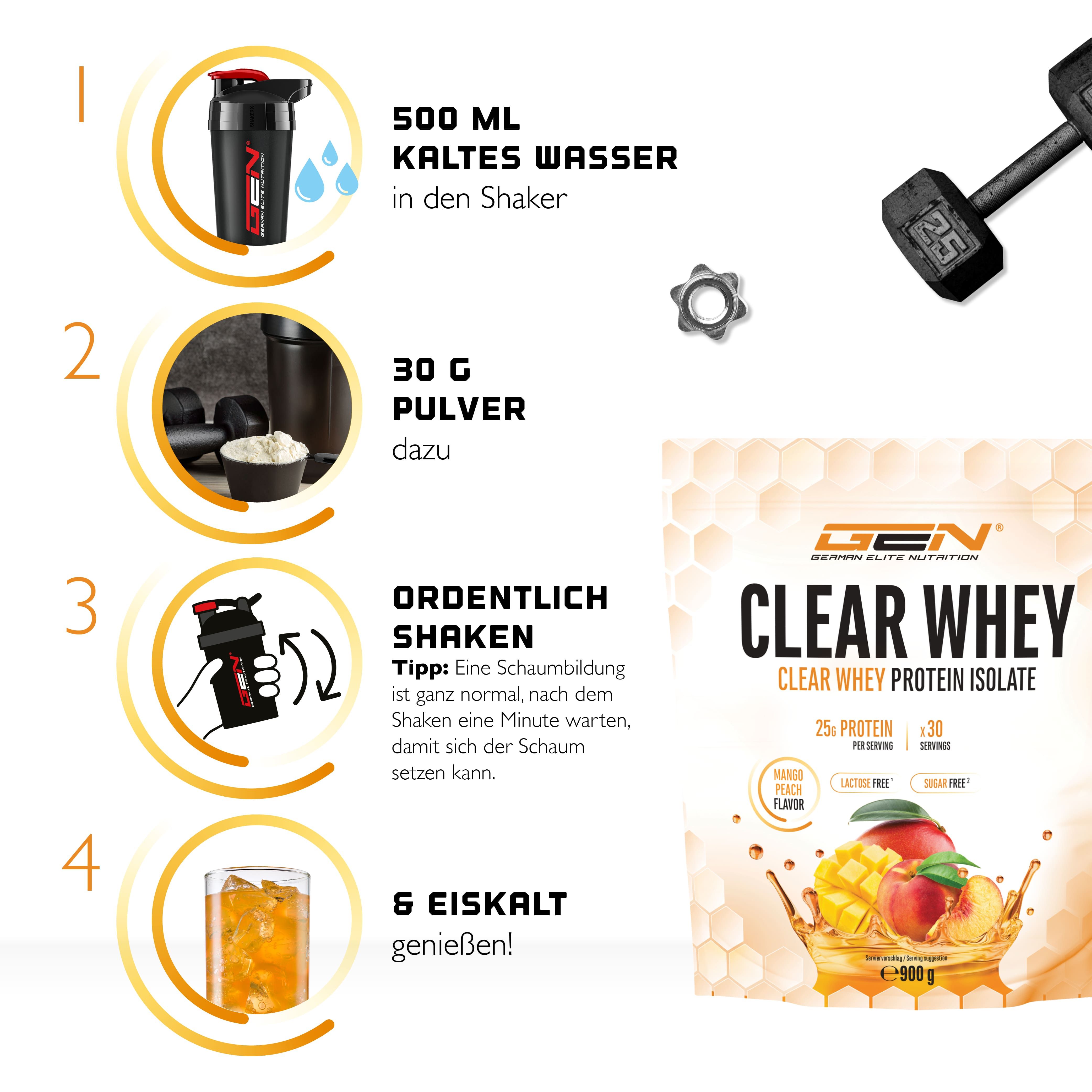 Anleitung zur Zubereitung von Clear Whey. Schritte: 500 ml kaltes Wasser in den Shaker, 30 g Pulver dazu, ordentlich shaken, eiskalt genießen. Produktabbildung.