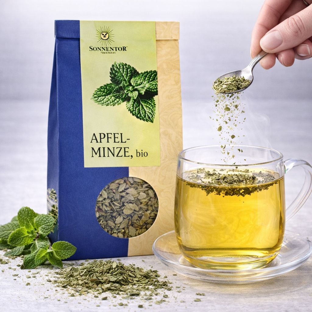 SonnenTor Apfelminze bio Teebeutel mit losem Tee und einer Tasse dampfendem Tee.