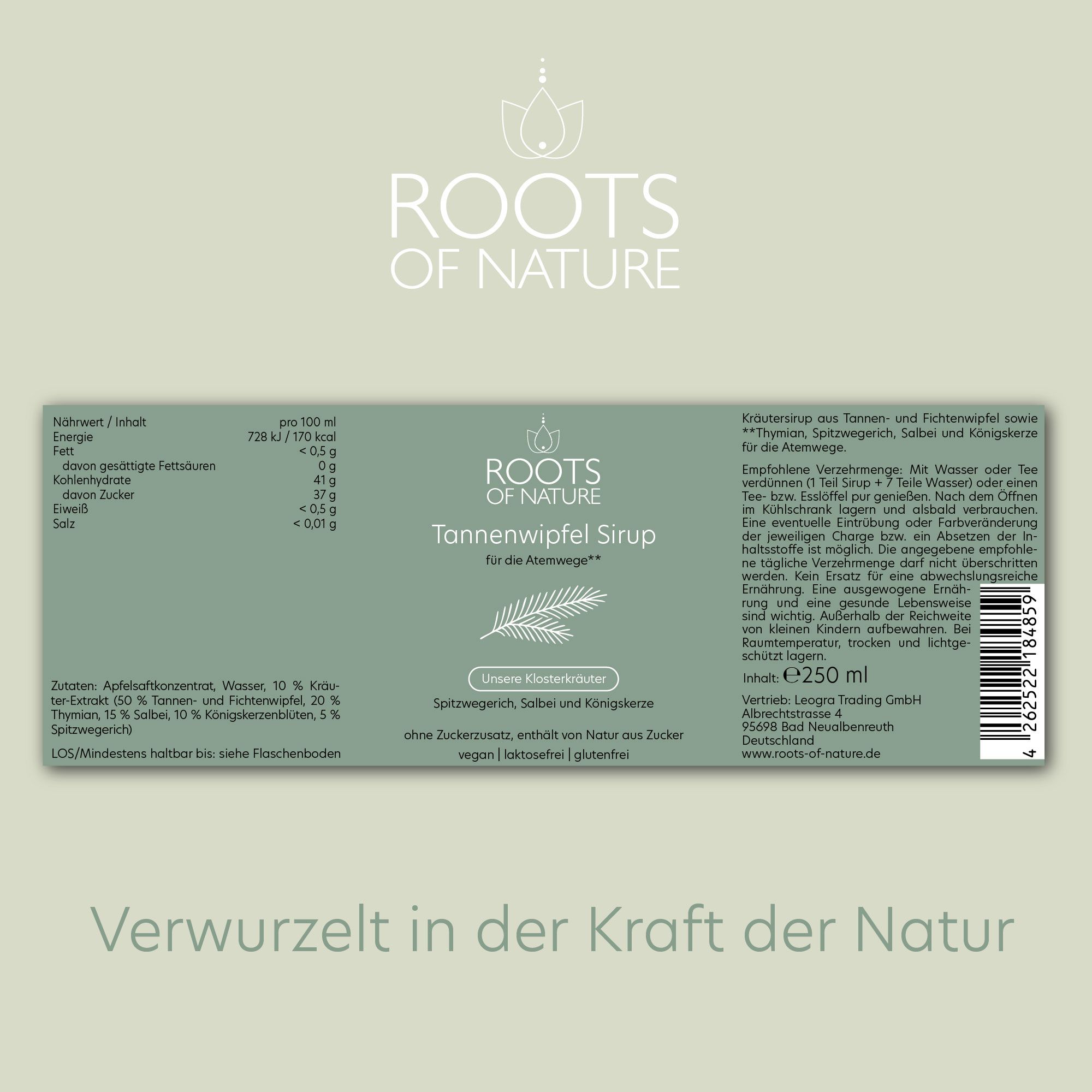 Etikett ROOTS OF NATURE Tannensirup. Aufschrift: Tannensirup für die Atemwege. Enthält Nährwertangaben und Zutatenliste.