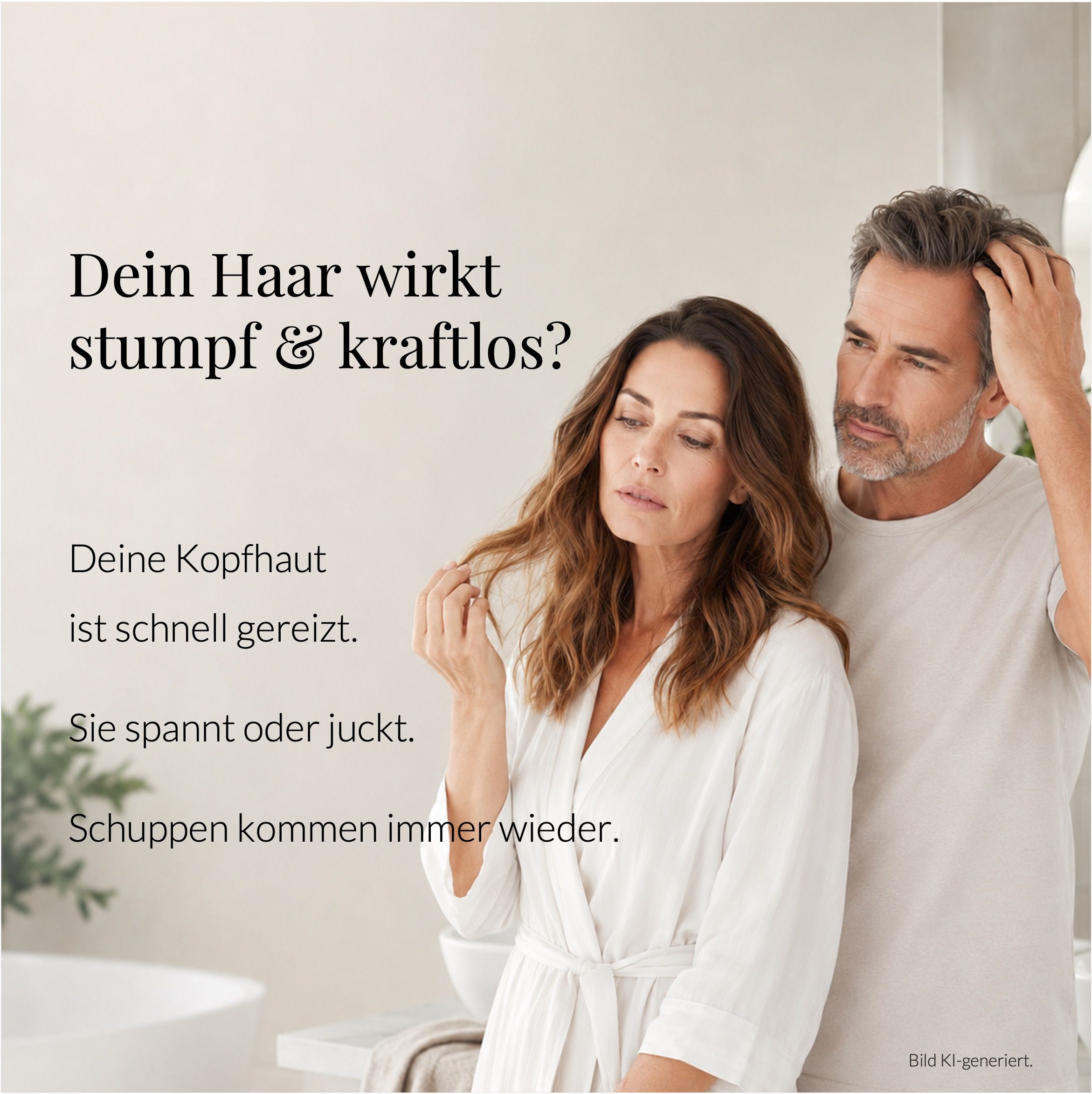 Paar im Bad, Frau berührt Haar, Text über stumpfes Haar.