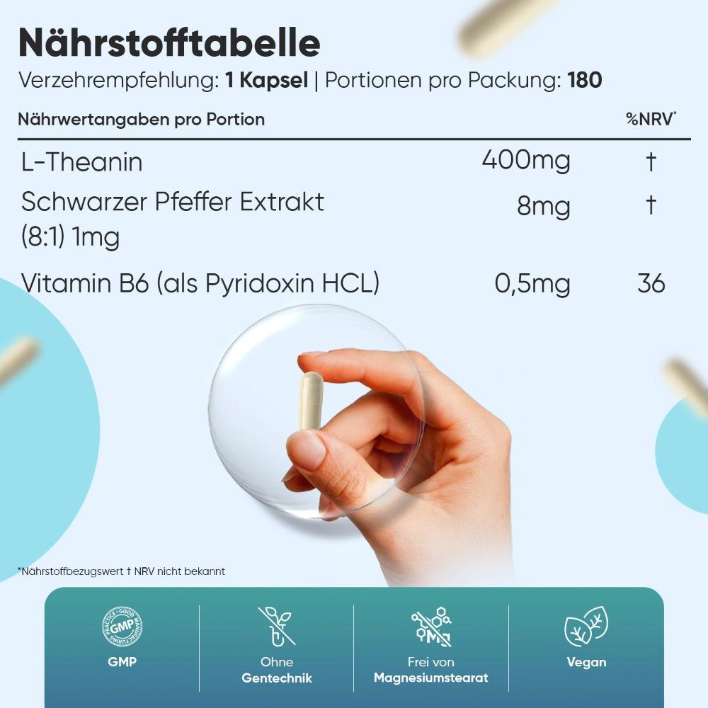 Hand hält Kapsel. Nährwerttabelle: L-Theanin, Schwarzer Pfeffer, Vitamin B6. Symbole: GMP, Ohne Gentechnik, Vegan.