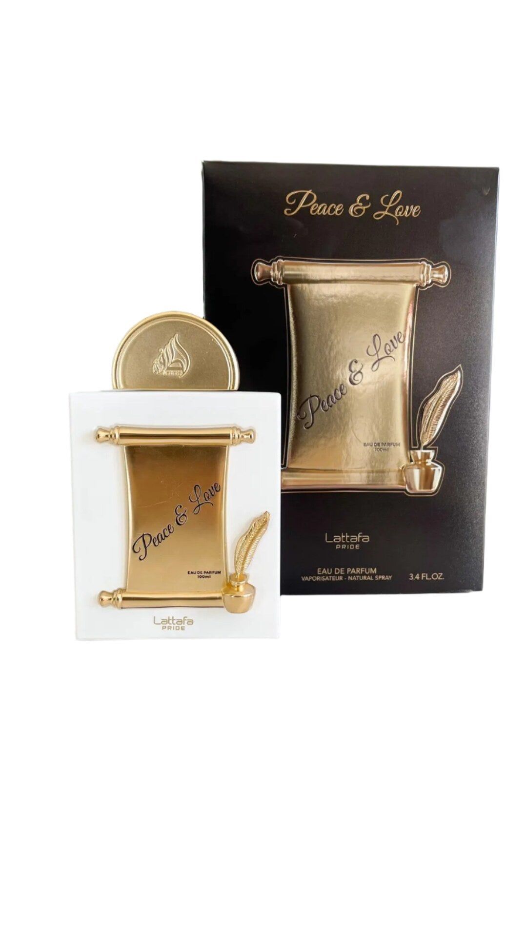 Parfümflakon und Verpackung. Weißer Flakon mit goldenem Schriftzug. Schwarze Verpackung mit goldenem Schriftzug.