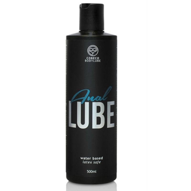 Schwarze Flasche mit "Anal Lube"-Aufdruck. Marke Cobeco Bodylube. Wasserbasiert, latexfrei. 500ml.