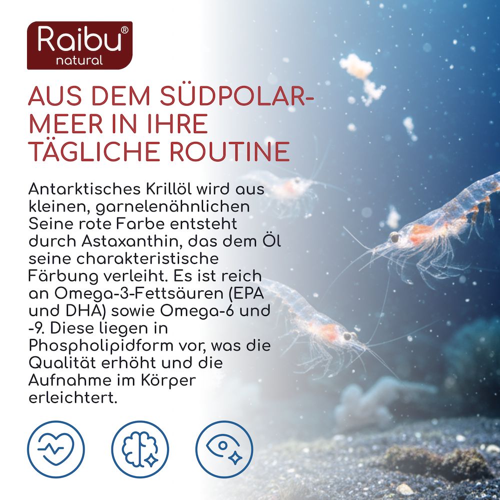 Unterwasseraufnahme von Krill. Text: Antarktisches Krillöl, reich an Omega-3-Fettsäuren. Rote Farbe durch Astaxanthin.