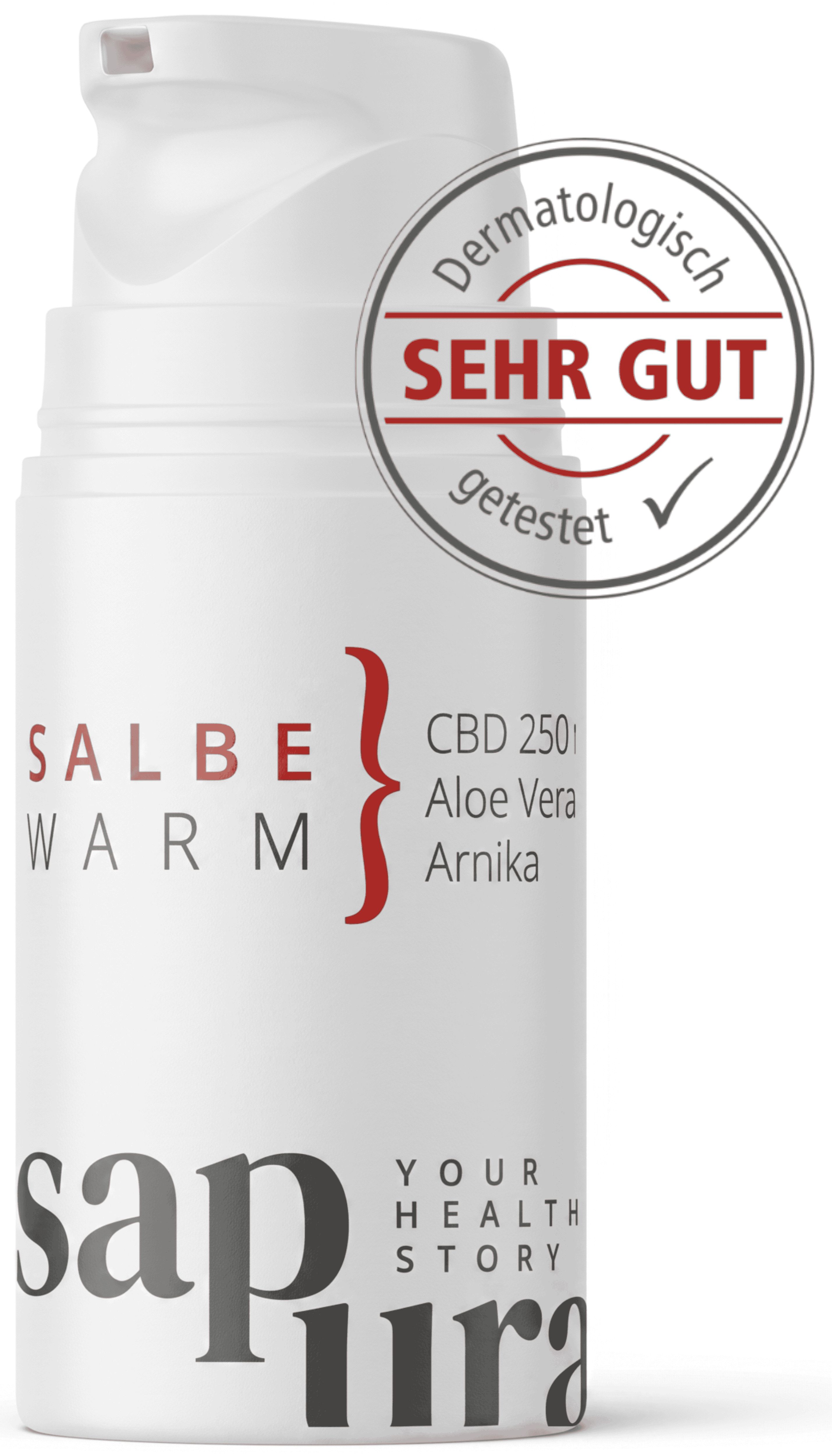 Weiße Pumpflasche mit Salbe Warm Aufschrift, CBD 250, Aloe Vera, Arnika. Dermatologisch getestet.