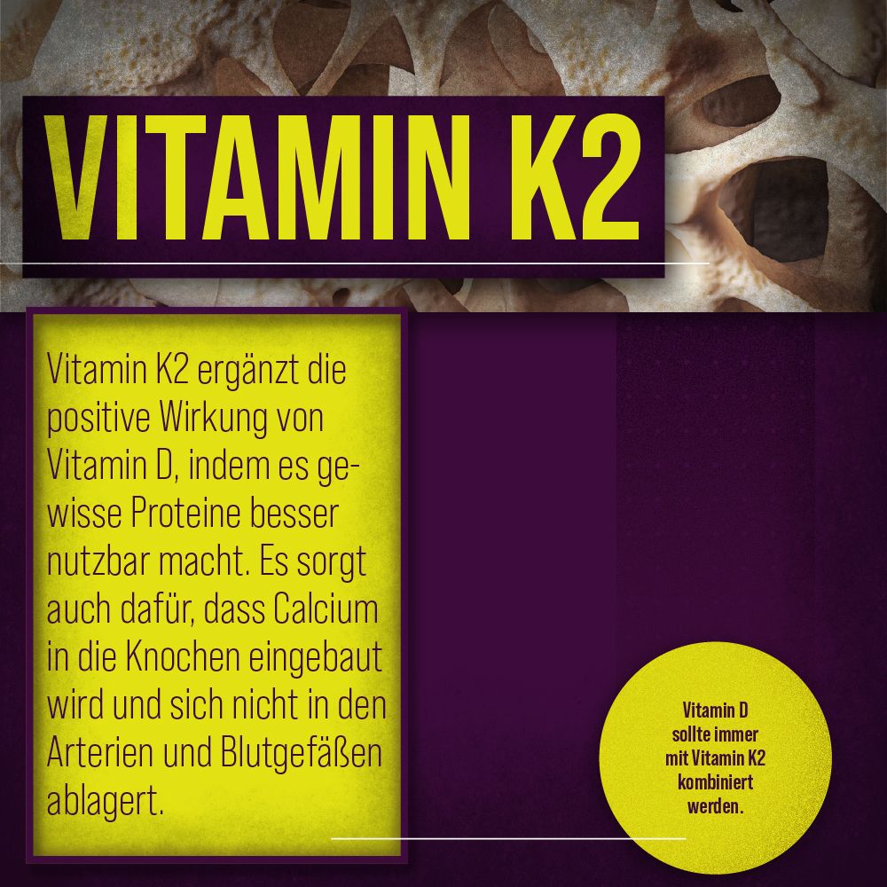 Grafik mit Text: Vitamin K2. Text über die Wirkung von Vitamin K2 in Bezug auf Vitamin D. Gelber Kreis mit Text. Hintergrund: Knochen.