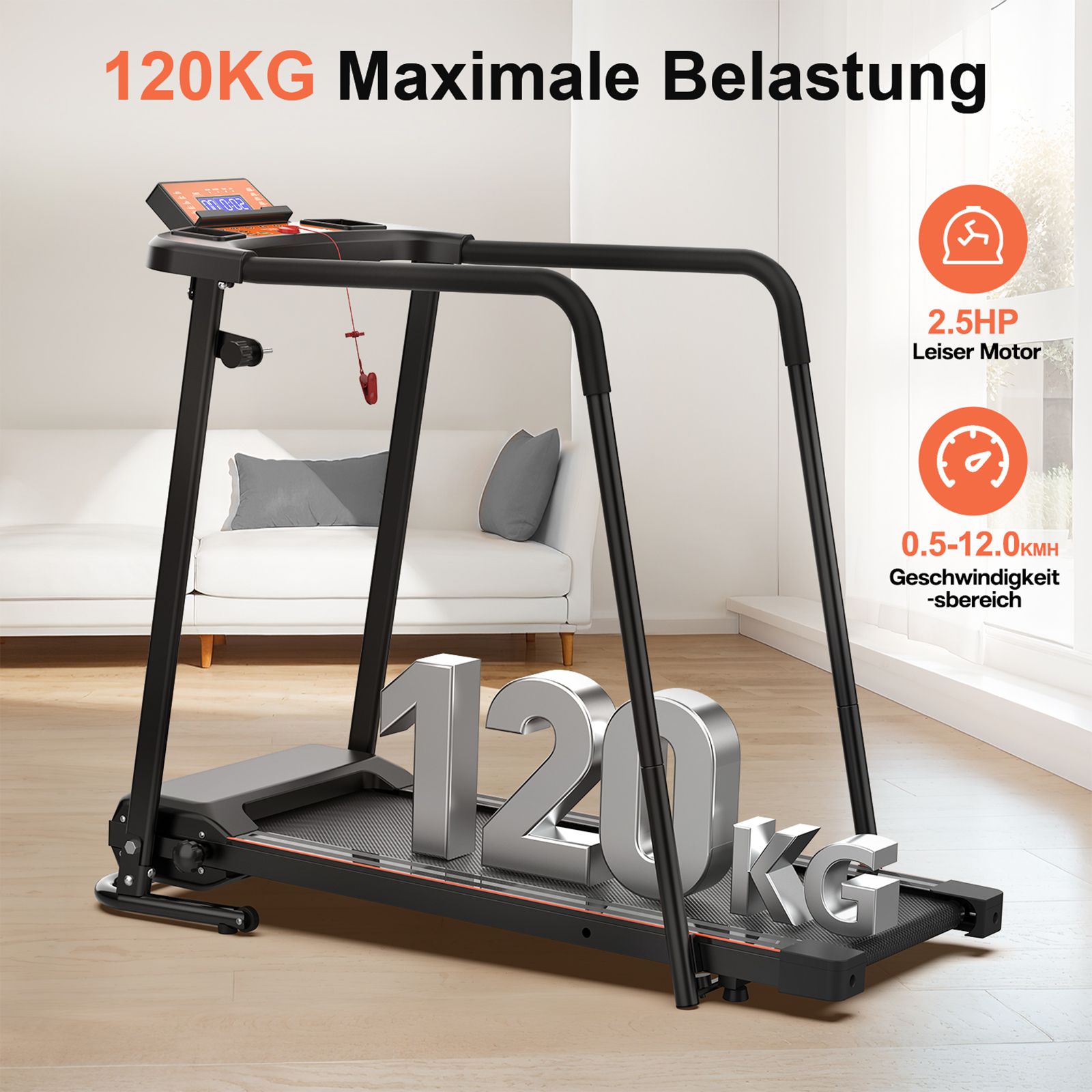 Schwarzes Laufband mit Handläufen. Text: 120KG Maximale Belastung, 2.5HP Leiser Motor, 0.5-12.0KMH Geschwindigkeitsbereich.
