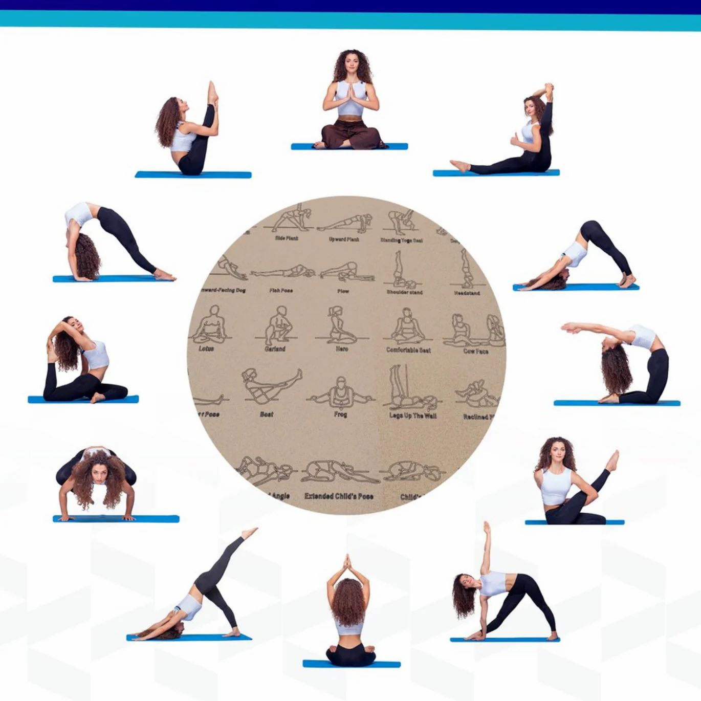 Yoga-Matte, blau. Frauen in Yoga-Posen um eine runde Grafik mit Yoga-Posen-Illustrationen. Auf blauem Hintergrund.